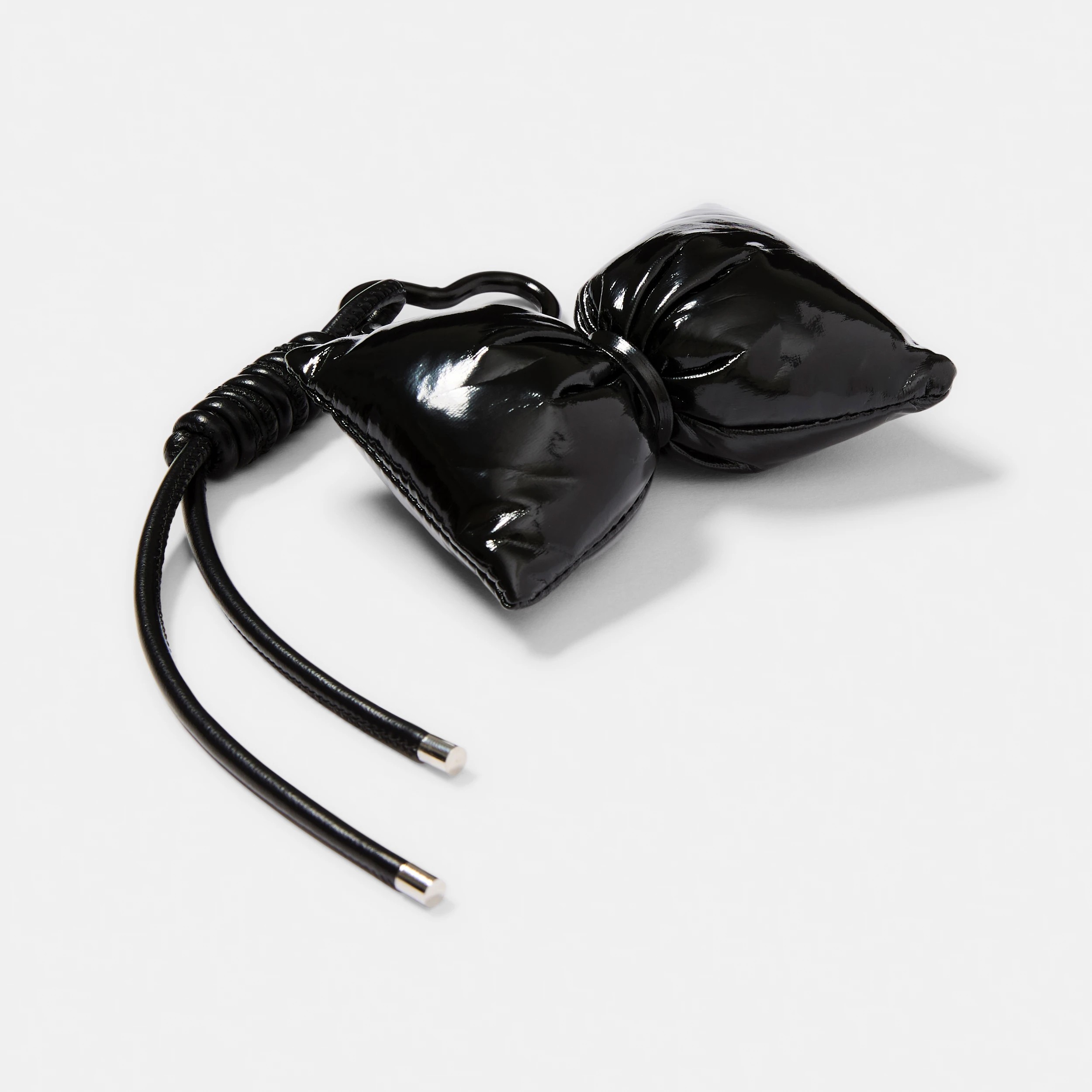 2 Puffy PU Bow Charm Keyring - Silver Tone and Black, 2 of 3