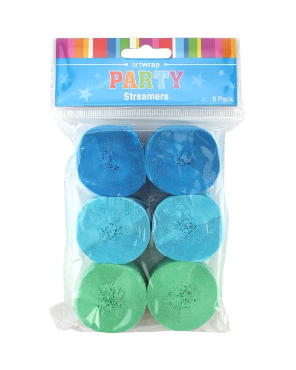 Artwrap Three Colour Mixed Crepe Paper Streamers Pack of 6 - Blue