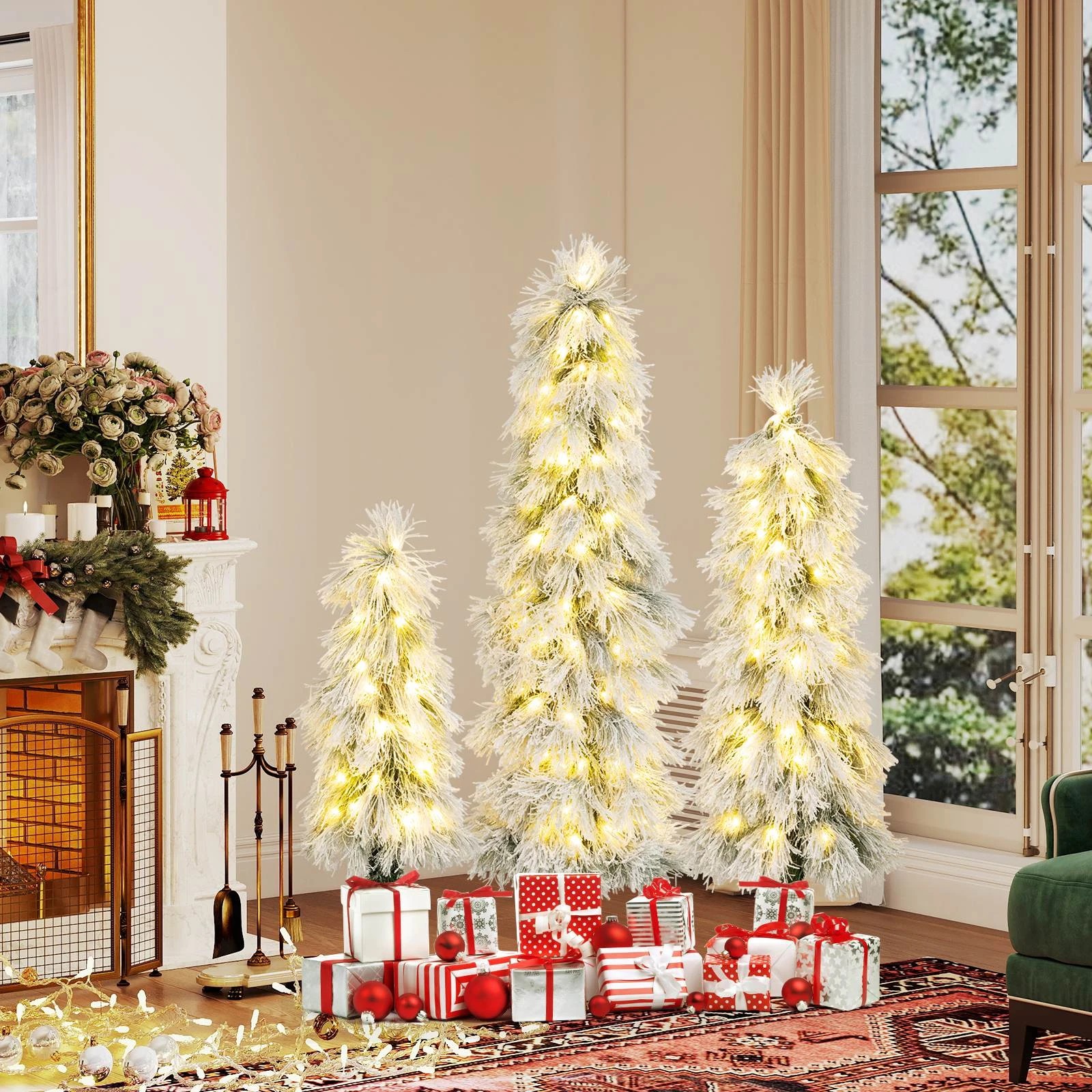 2 Costway 3-Piece Christmas Tree Set LED Pre-lit Xmas Decor Snow-flocked, 2 of 2