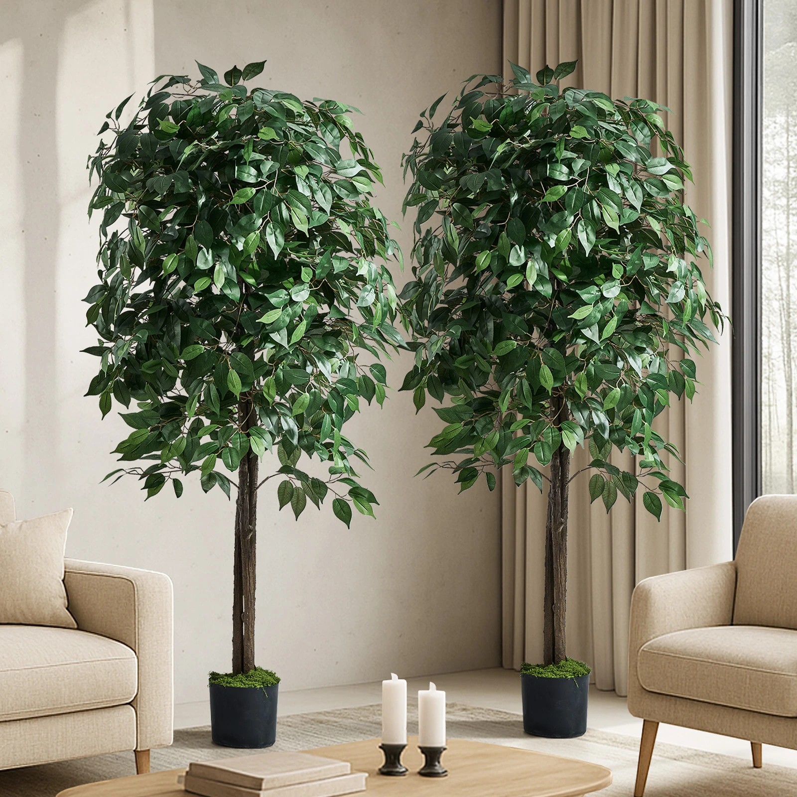 3 Livsip 2 Pack Artificial Ficus Tree Faux Potted Plant 180cm - Green, 3 of 10