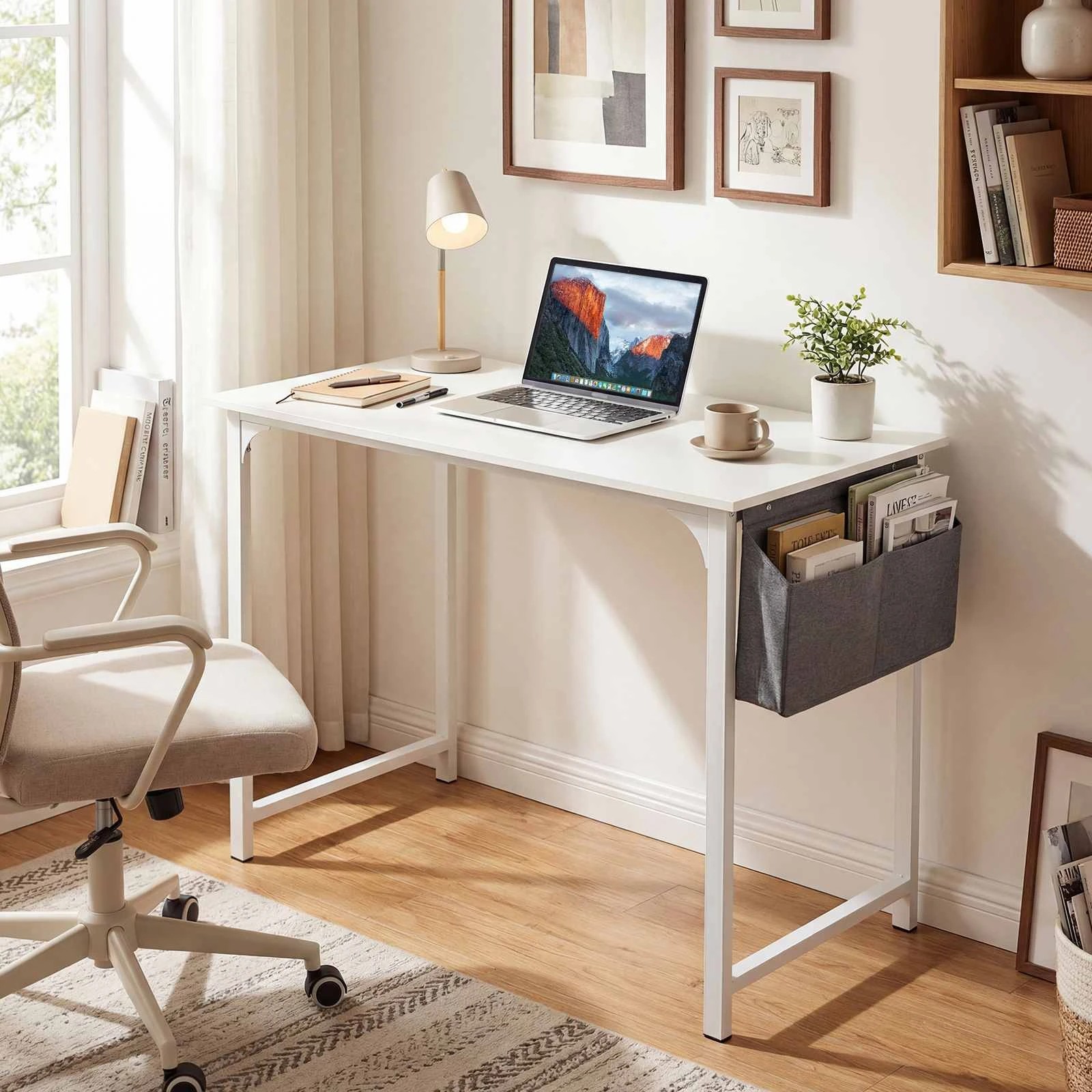 2 Costway Computer Desk Study Writing Table w/Storage Bag & Hanging Hook - White, 2 of 3