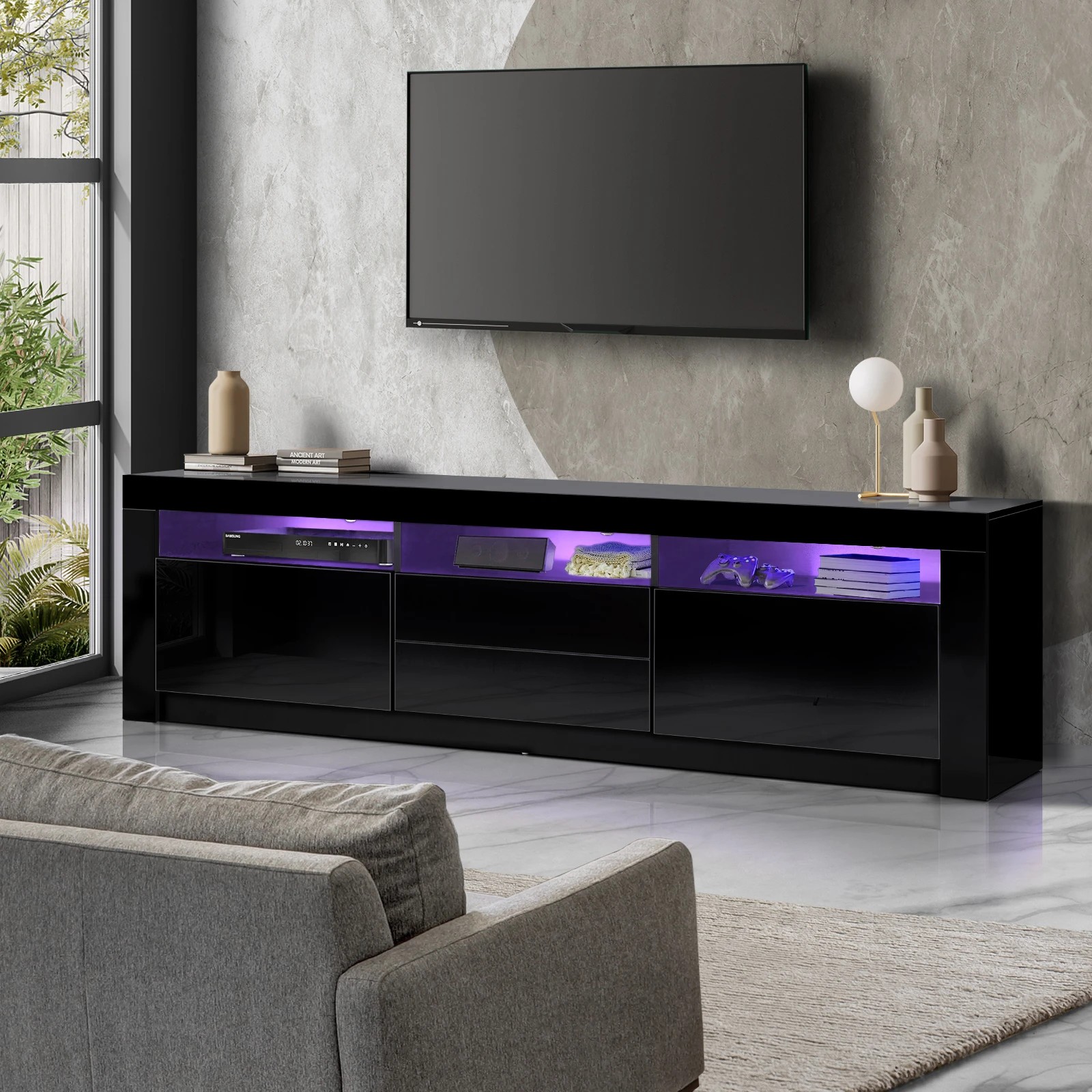 3 Oikiture Entertainment Unit Rgb Led Gloss Black 180cm
 - Black, 3 of 8