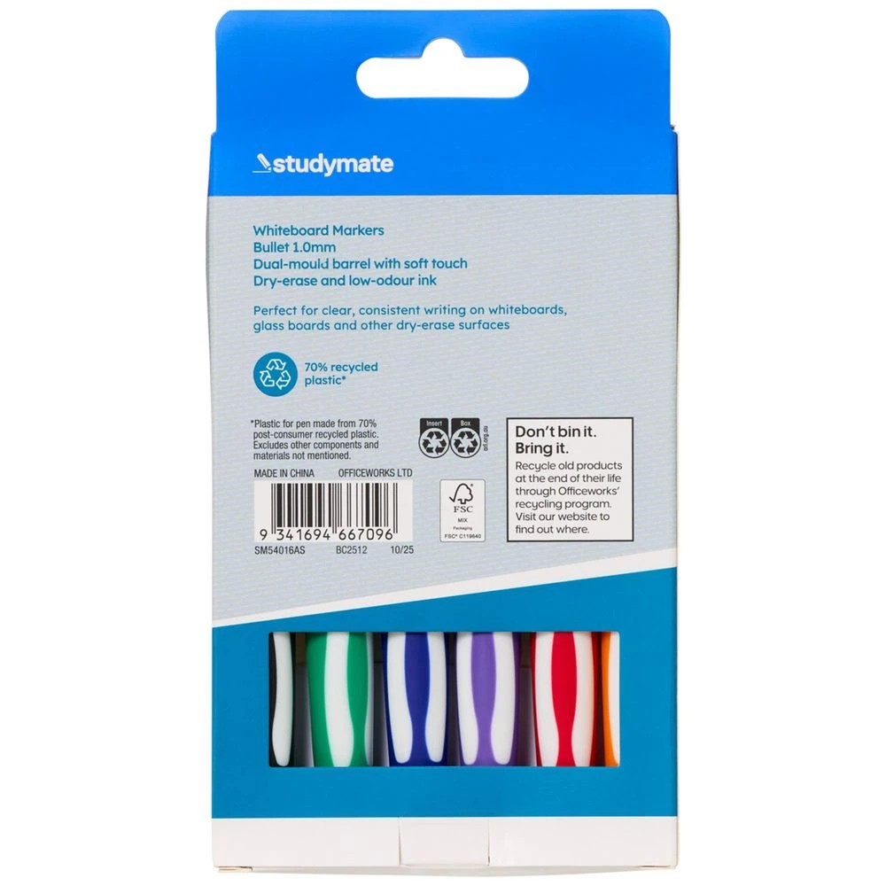 10 Studymate 1mm Whiteboard Marker Assorted 6 Pack, 10 of 10