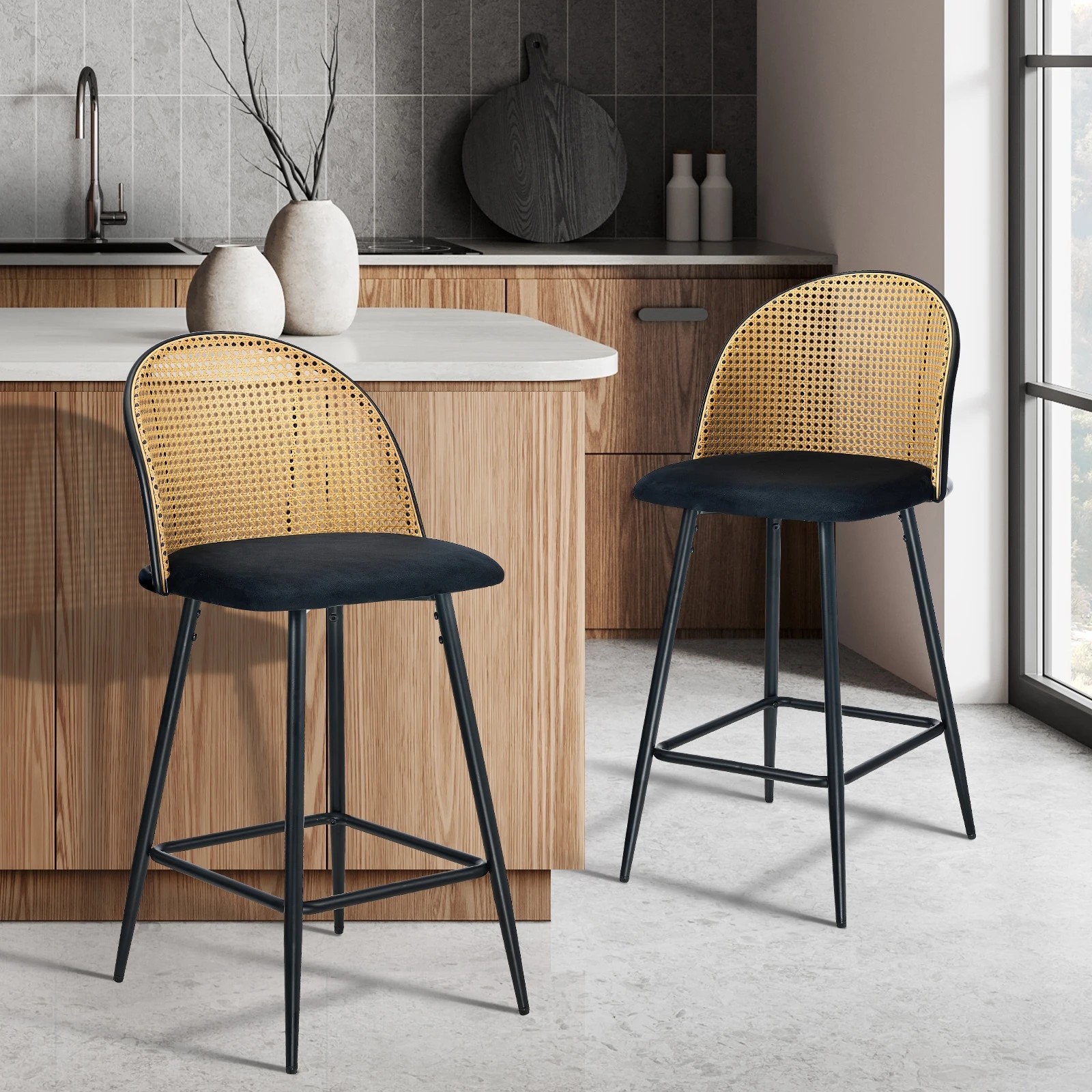 2 Oikiture Bar Stools Kitchen Counter Stool Rattan Dining Chair Velvet X2
 - Black, 2 of 10