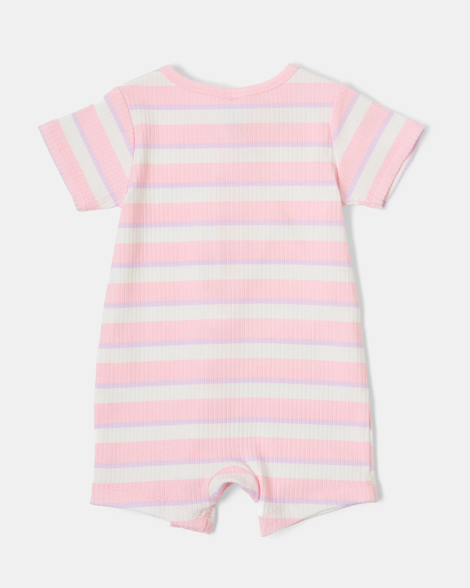 2 Short Sleeve Rib Zip Romper Stripe, 2 of 3