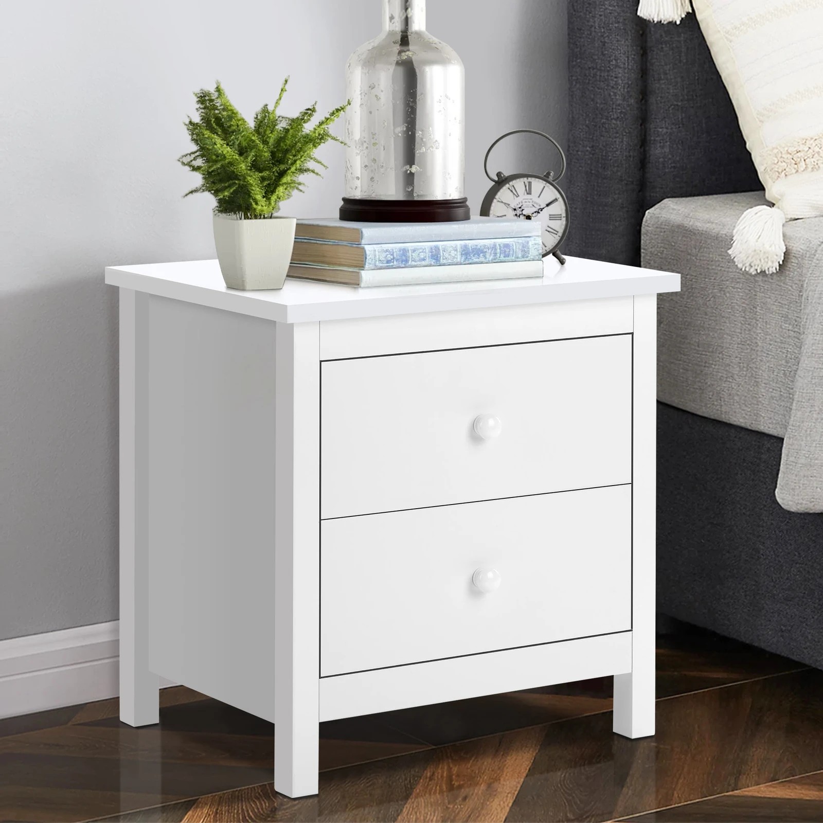 2 Alfordson 2x Bedside Table Hamptons Nightstand Storage Side End 2 Drawers - White, 2 of 6