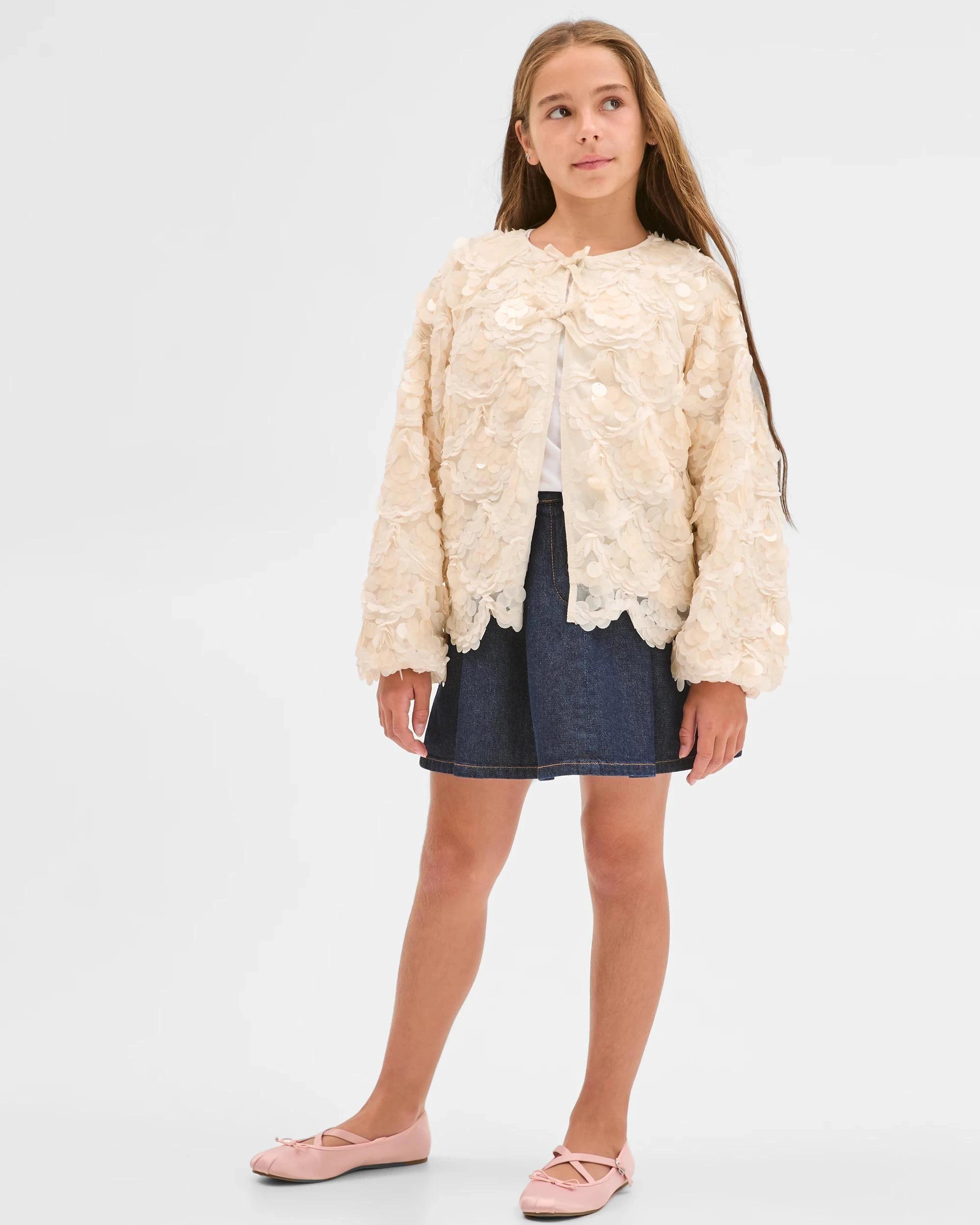 4 Target Kids Sequin Lightweight Tie Front Occasion Jacket CREAM, 4 of 7