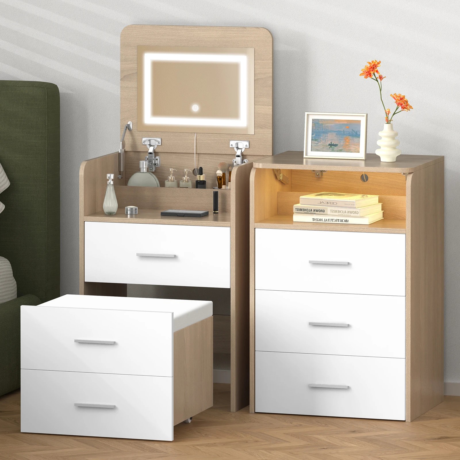 2 Alfordson 2x Dressing Table Stool Set 2-In-1 Makeup Mirror Vanity Desk - Natural, 2 of 10