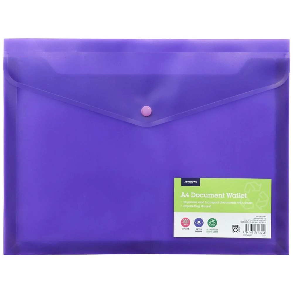 1 J.Burrows A4 Button Document Wallet Purple, 1 of 5
