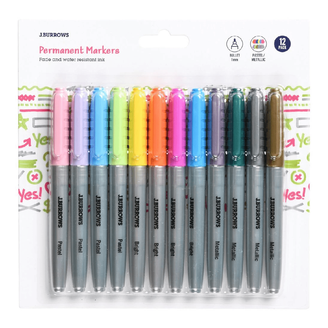 1 J.Burrows Permanent Markers 1mm Bullet Pastel Brights 12 Pack, 1 of 3