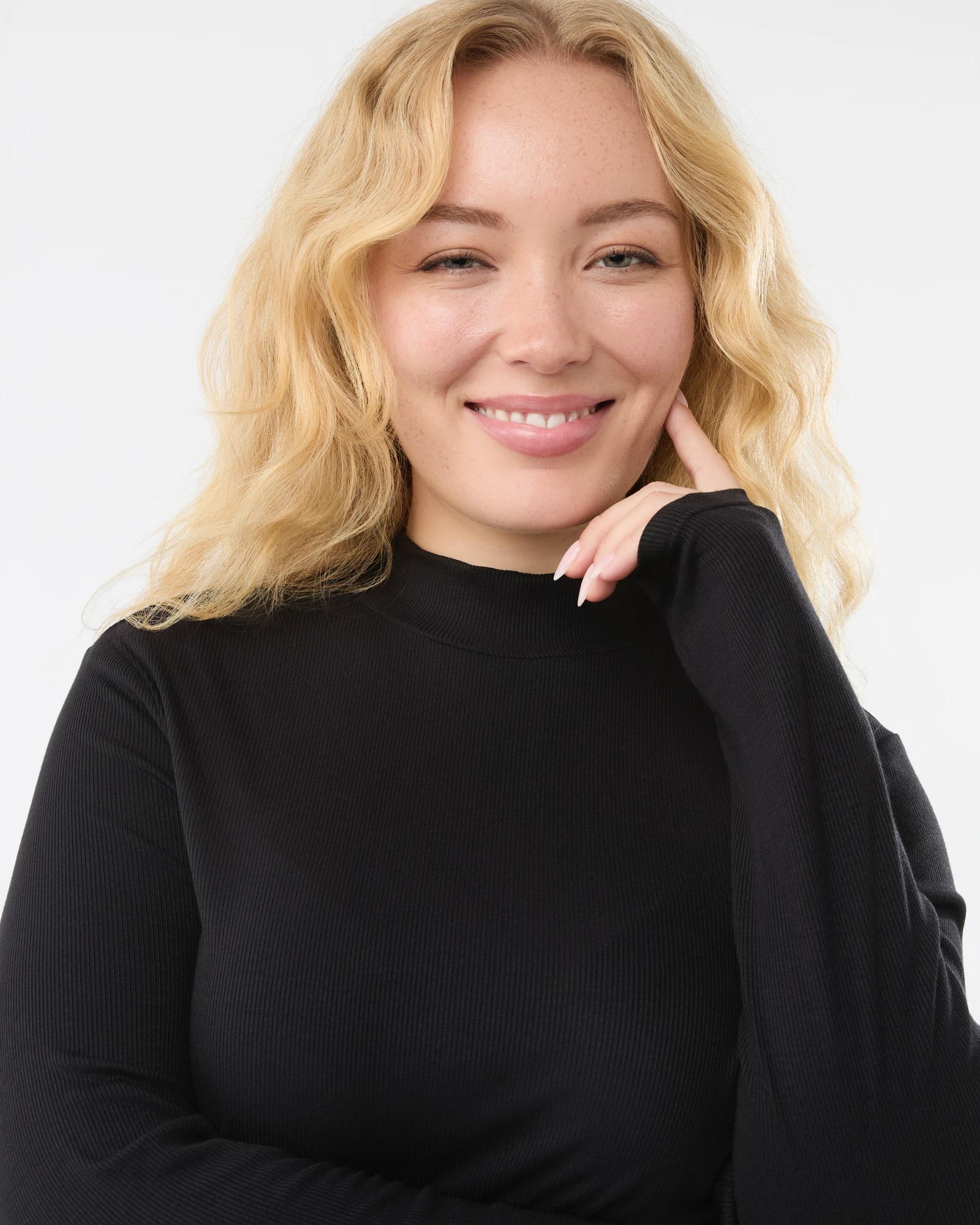 5 Long Sleeve Rib Mock Neck Top Black, 5 of 6