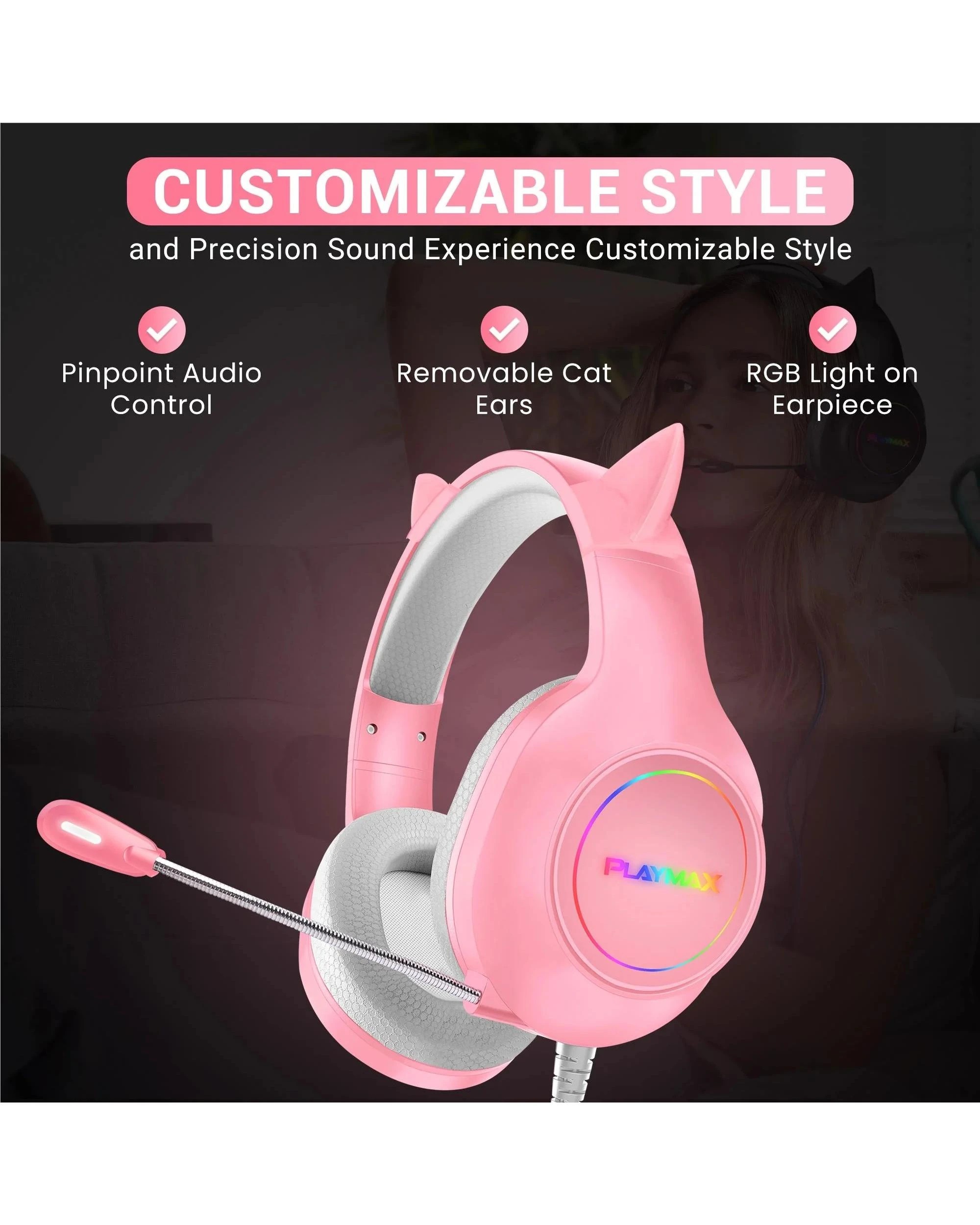 4 Playmax Cat Ear RGB Headset Universal Gaming Headset - Pink, 4 of 5