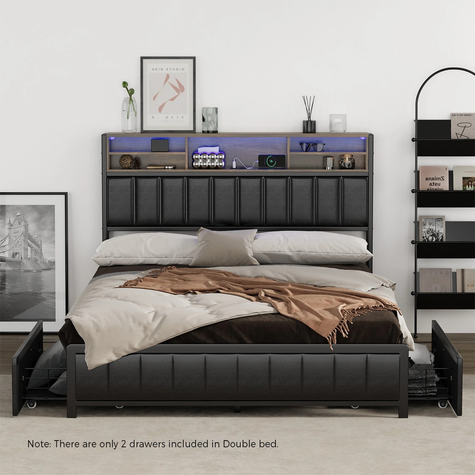 3 Oikiture Bed Frame Double Size LED Storage Headboard USB Charge 2 Drawers - Black, 3 of 9