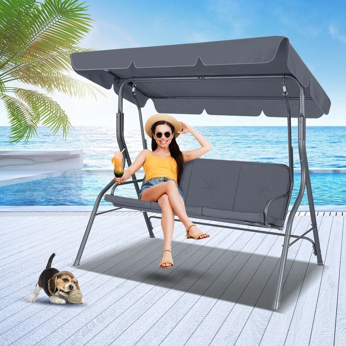 3 Ausway 3 Seater Swing Chair for Garden Patio with Cushion & Canopy, 3 of 8