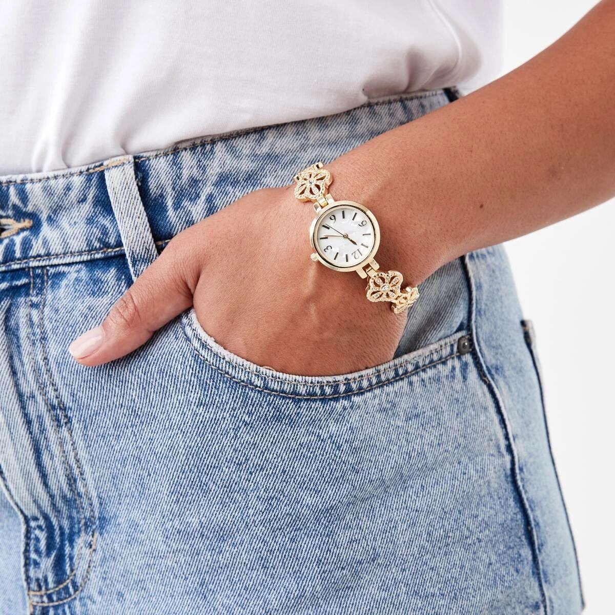 4 Womens Metal Flower Watch - Gold Tone Gold, 4 of 6