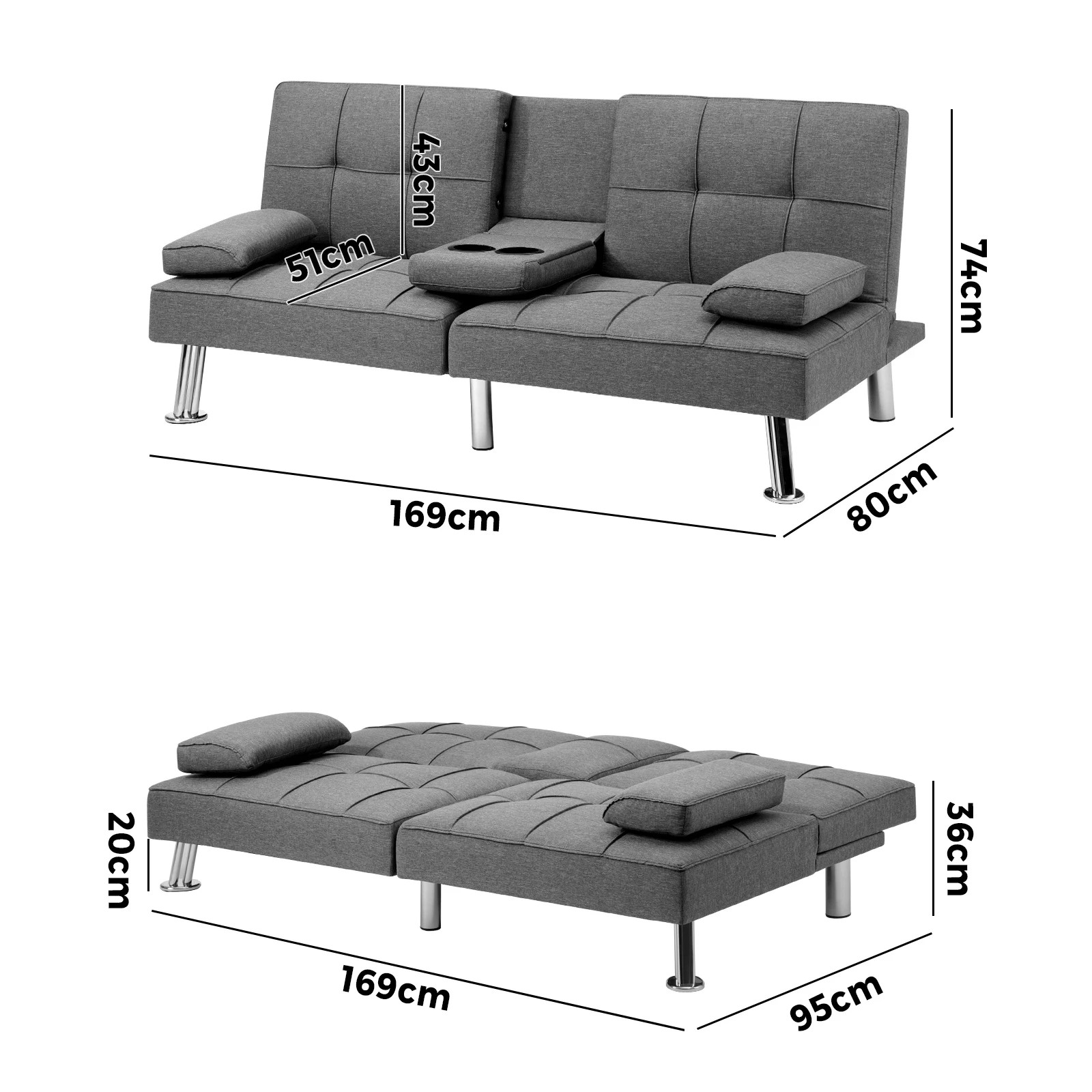 10 Oikiture Sofa Bed Lounge 3 Seater Futon Couch Beds Recliner Cup Holder Fabric
 - Grey, 10 of 10