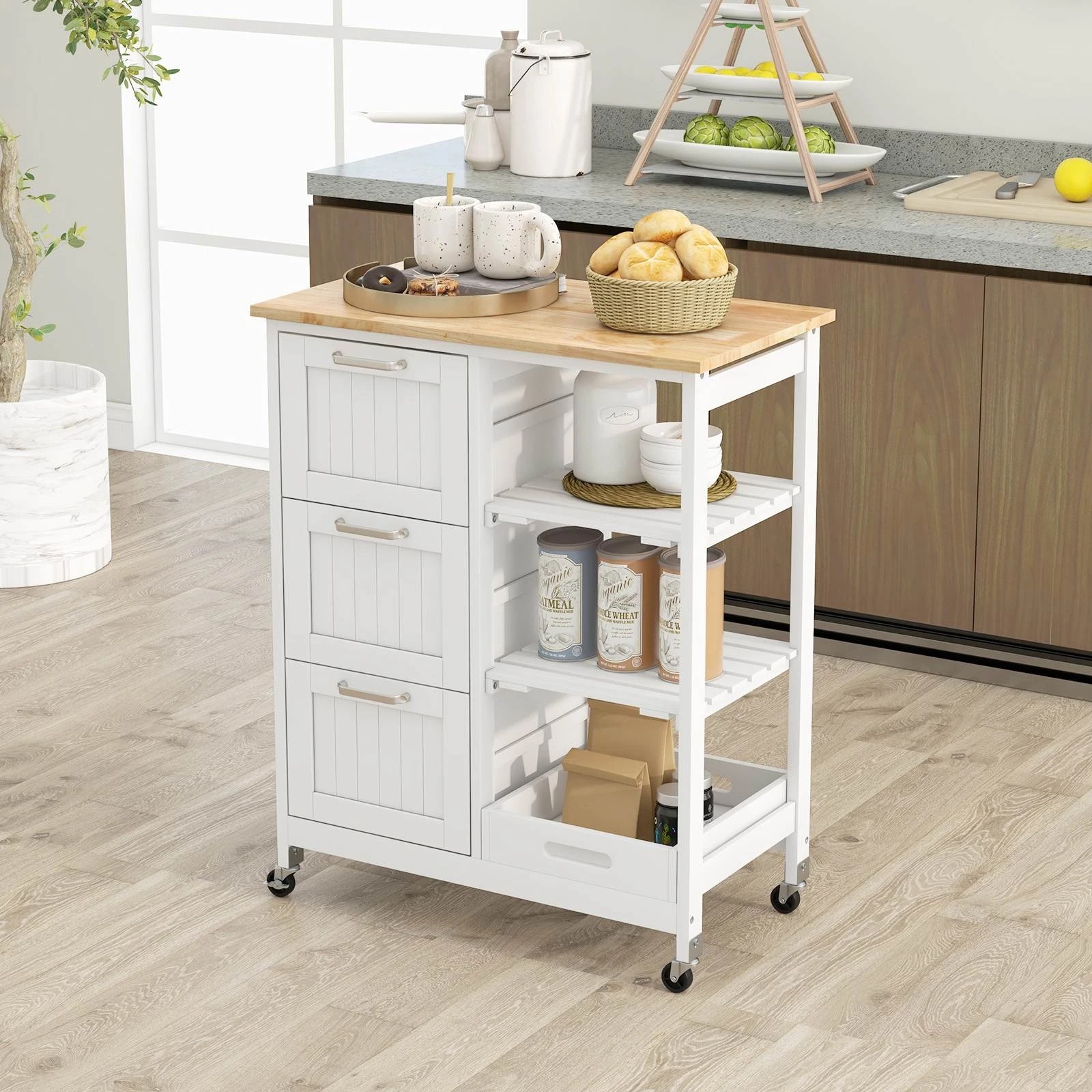 4 Costway Kitchen Island 3-Tier Trolley White, 4 of 5