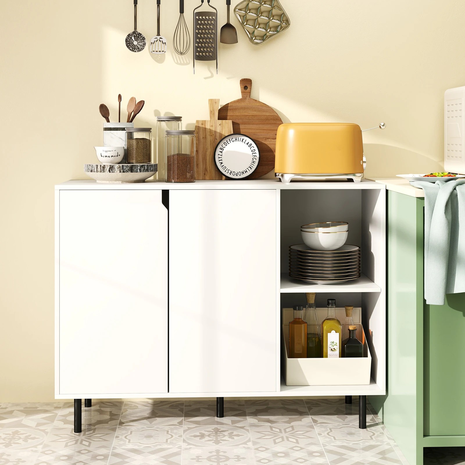 2 Costway 106cm Sideboard Modern Kitchen Storage Cabinet w/Adjustable Shelves - White, 2 of 3