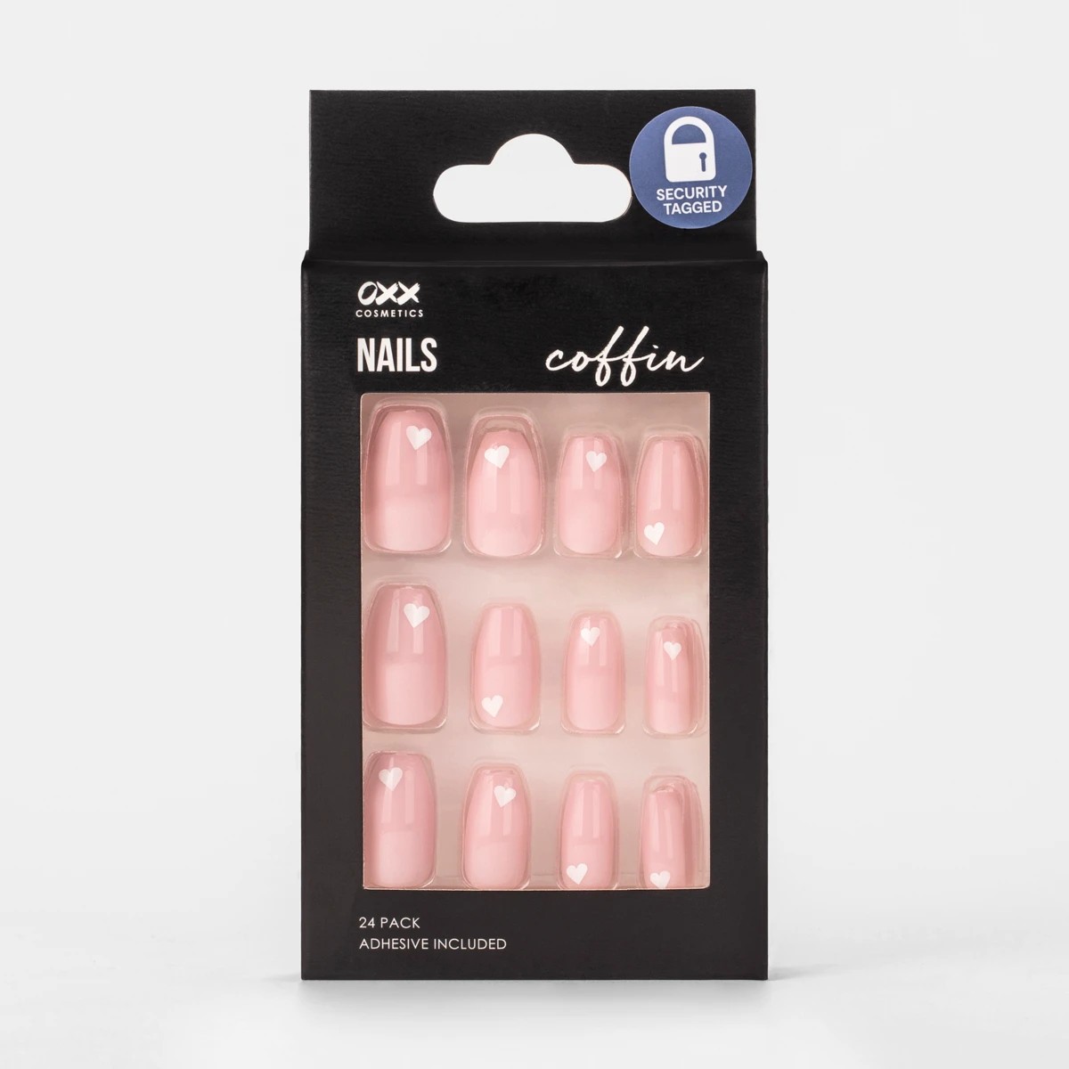 1 OXX Cosmetics 24 Pack False Nails with Adhesive - Coffin Shape, Pink and White Heart, 1 of 5