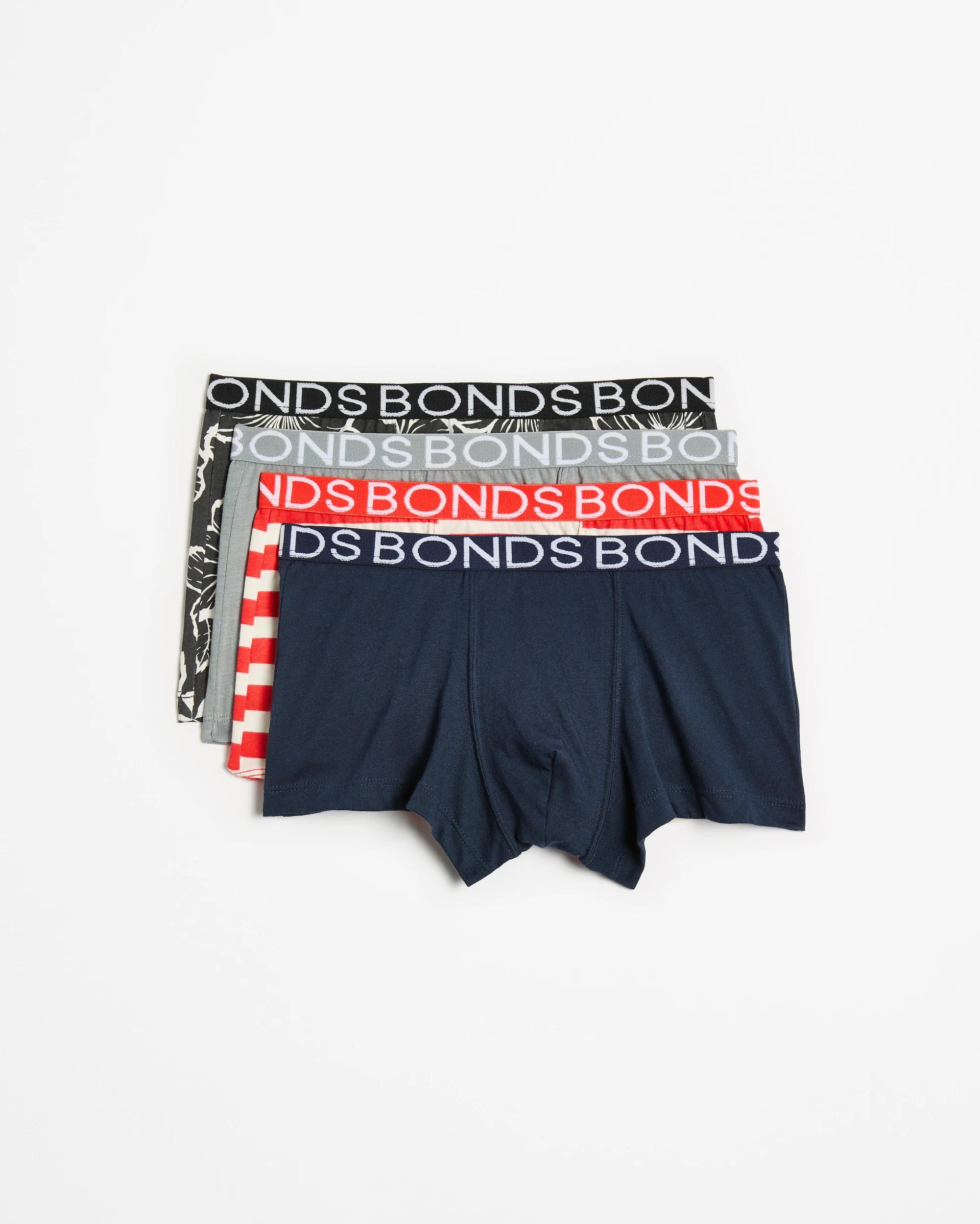 1 Older Boys Trunks 4 Pack - Bonds HIBISCUS STENCIL/GREY/ORANGE STRIPE/NAVY, 1 of 1
