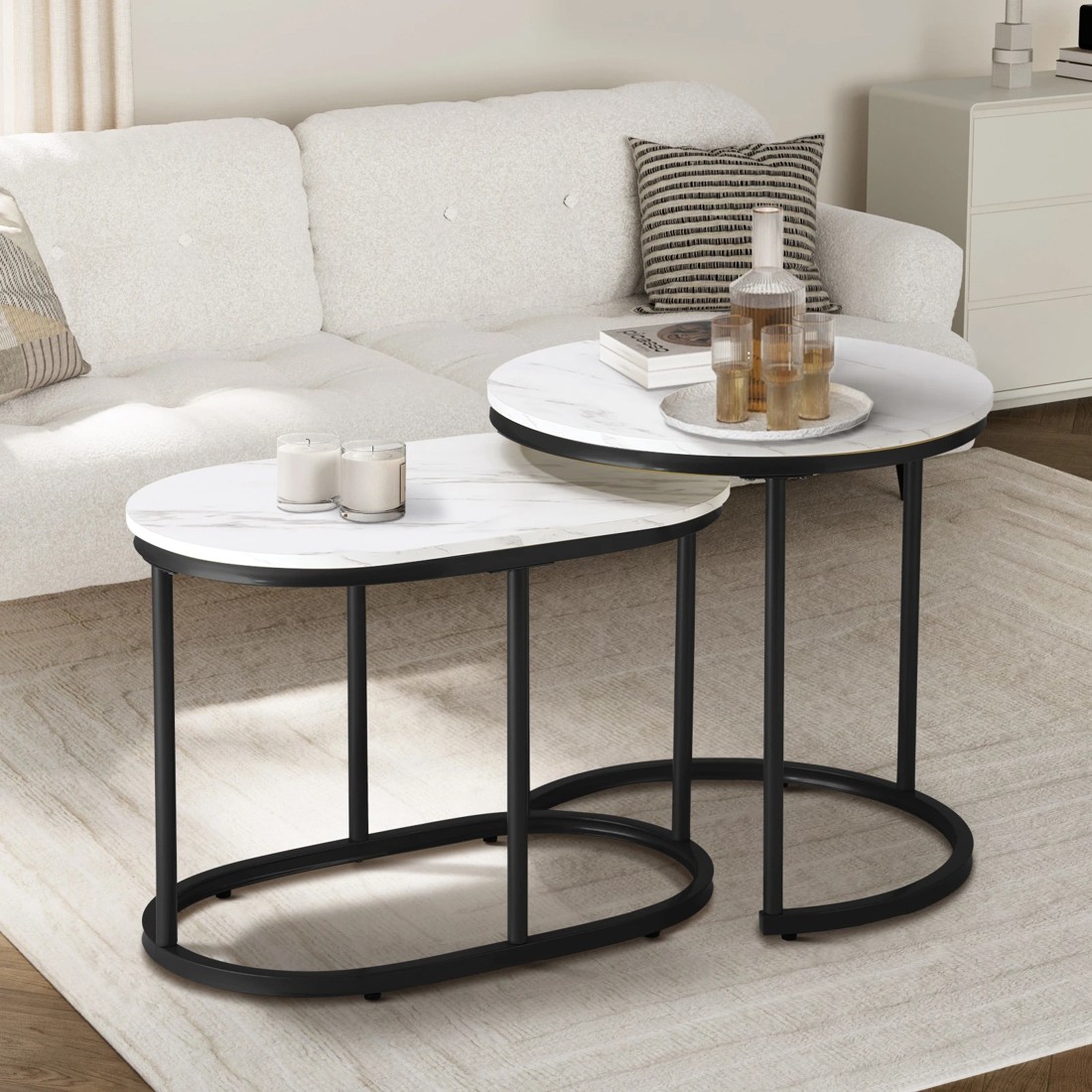 2 Oikiture Set Of 2 Coffee Table Round Oval Marble-like Nesting Side Tables
 - Multi, 2 of 10