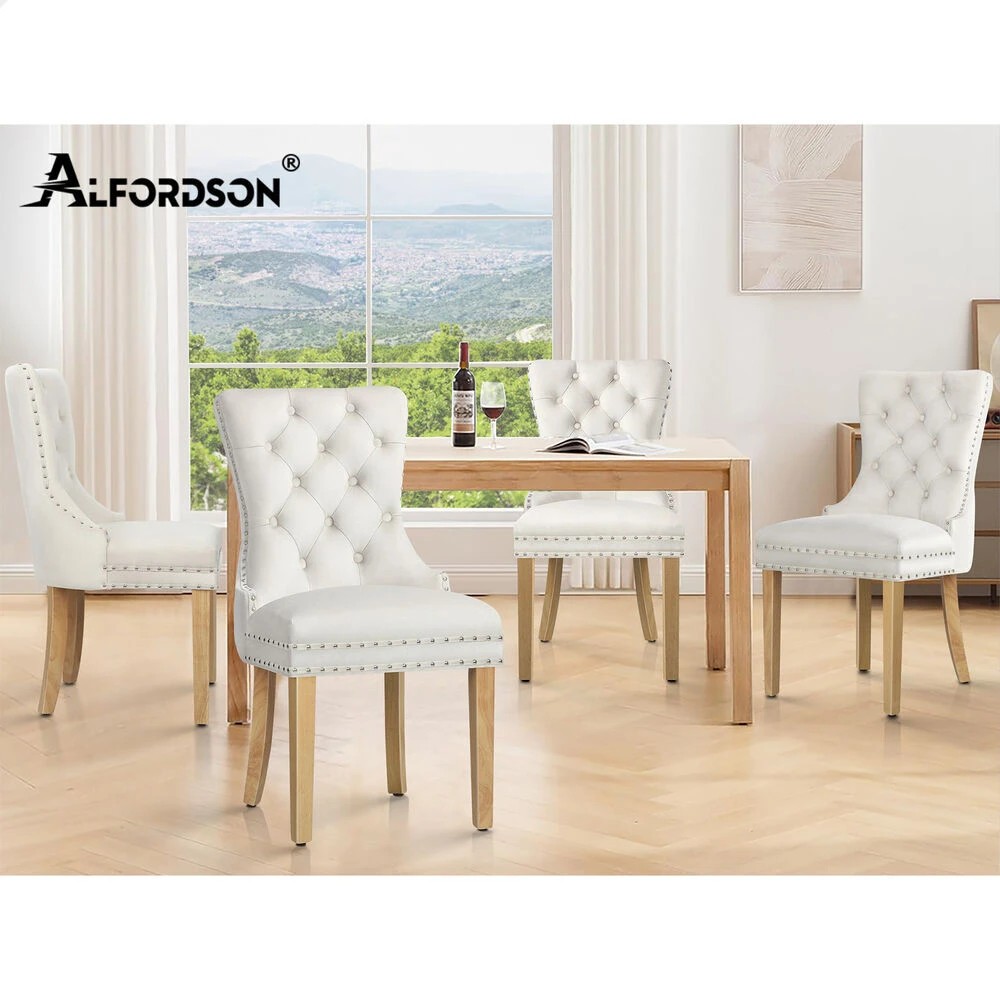 10 Alfordson 2x Dining Chair Kitchen Lounge Retro Button Tufted Wooden Velvet - Beige, 10 of 10