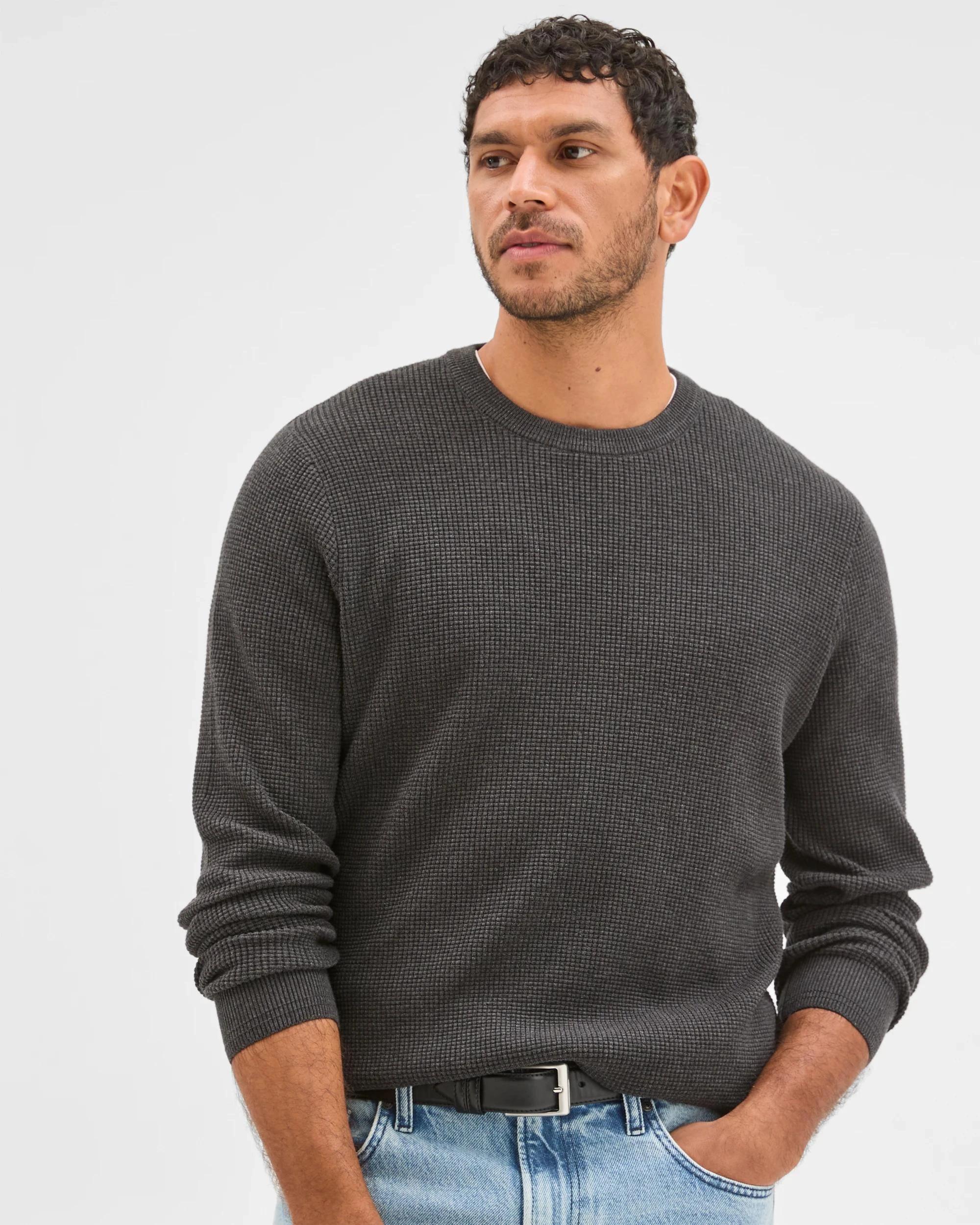 3 Target Man Australian Cotton Lightweight Waffle Knit Crew Neck Jumper BLACK MARLE, 3 of 6