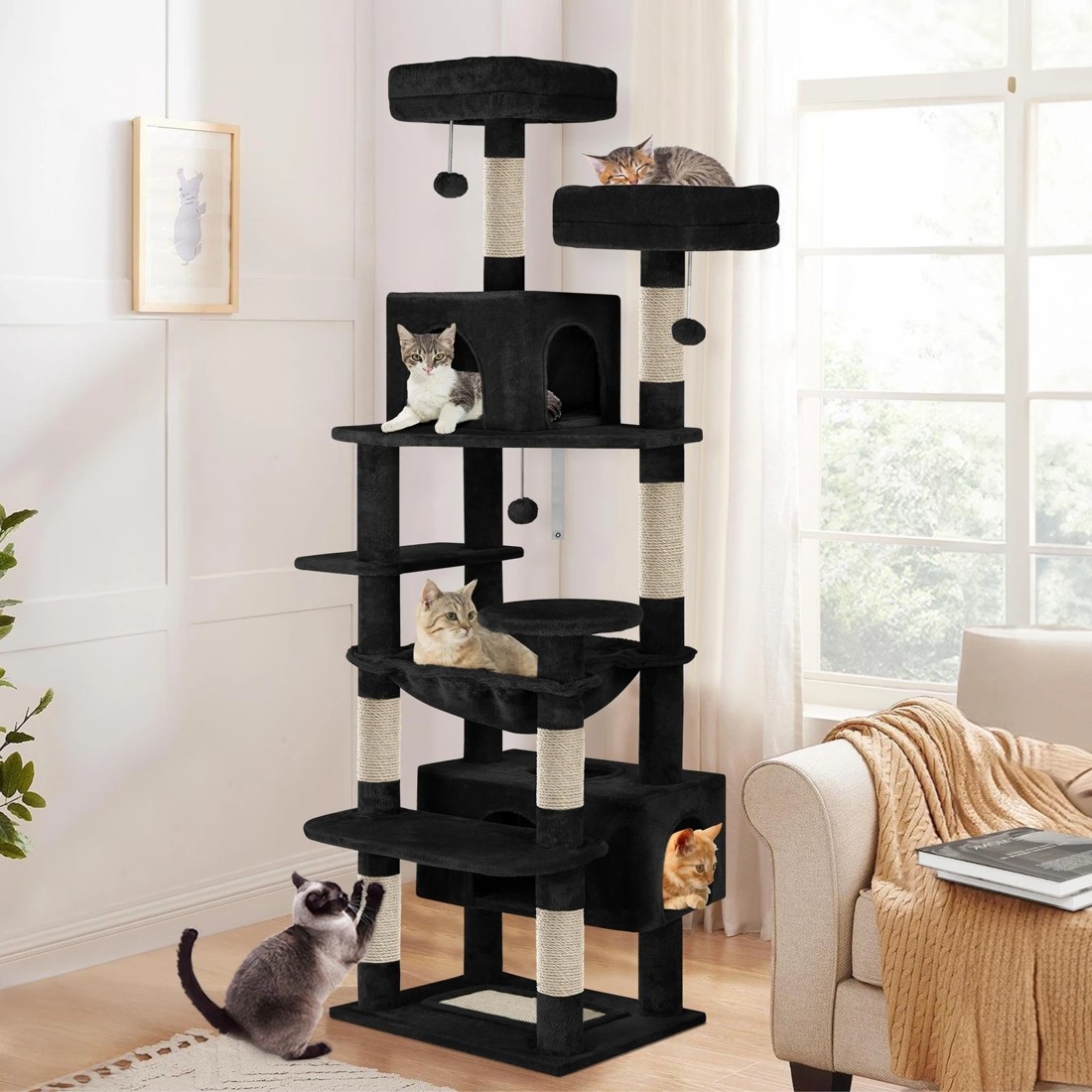 2 Beastie Cat Tree Tower Scratching Post Scratcher Condo House Furniture 184cm - Black, 2 of 5