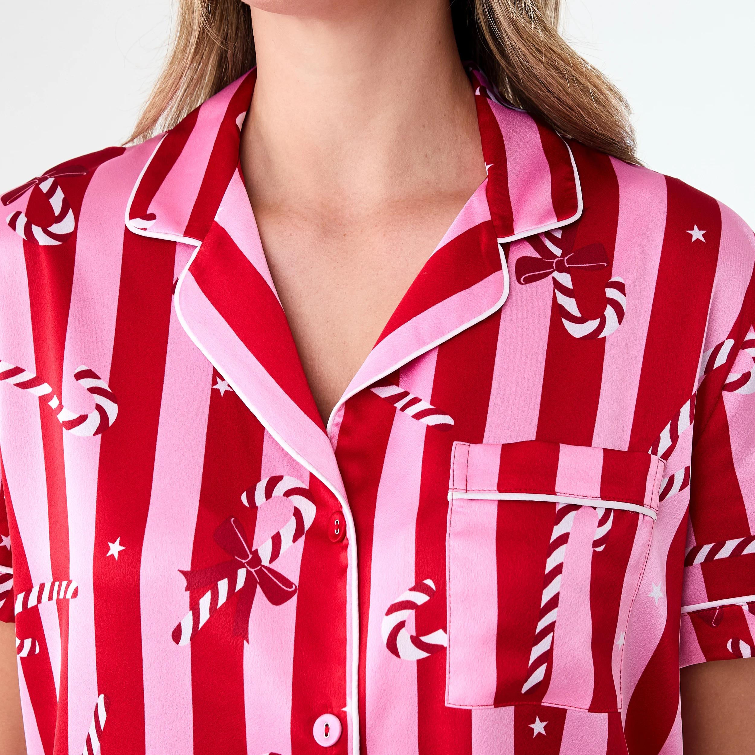 5 Short Sleeve Top and Shorts Christmas Satin Pyjama Set Red Stripe, 5 of 8
