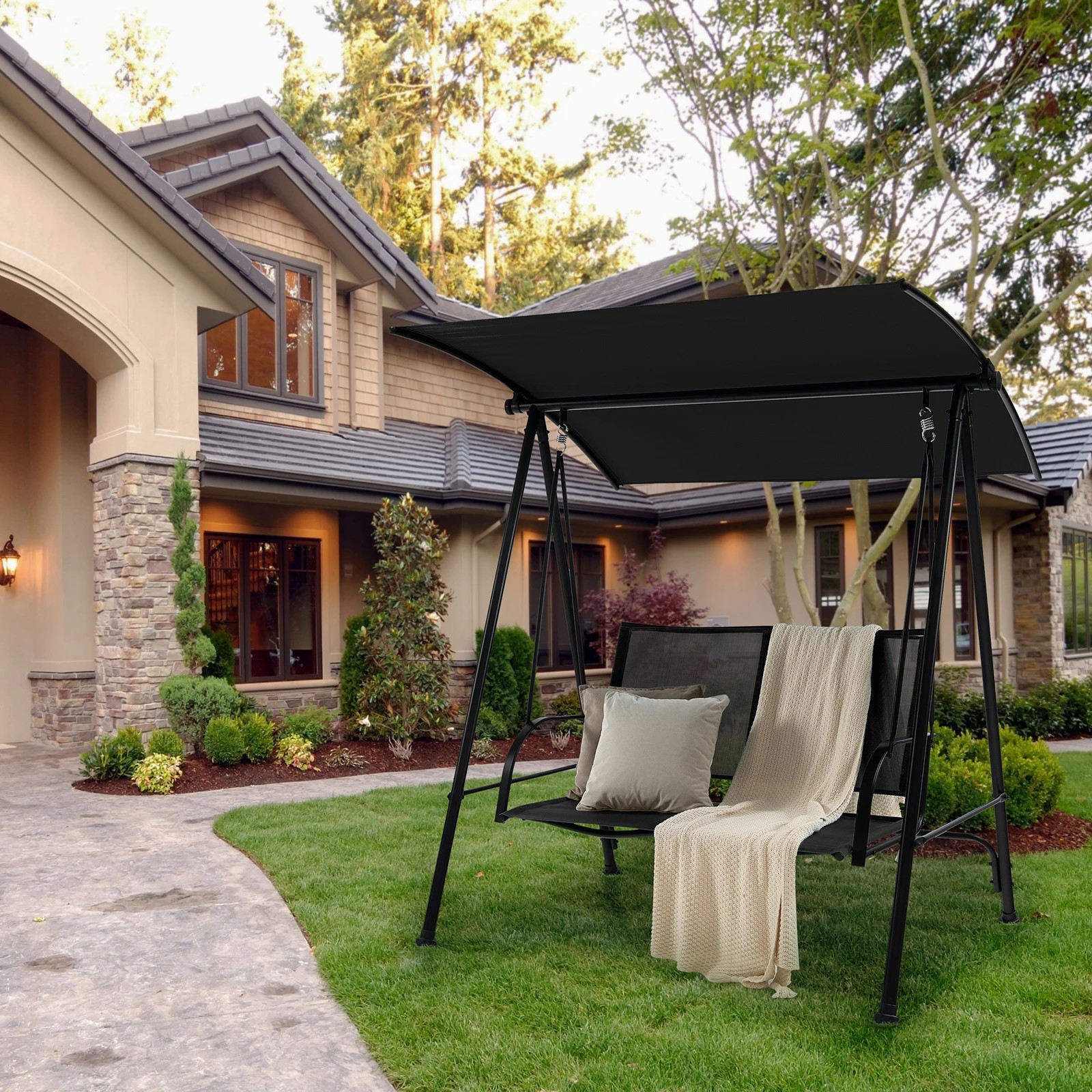 2 Costway 2-seat Outdoor Swing Chair Metal Patio Canopy Swing Bench - Black, 2 of 3