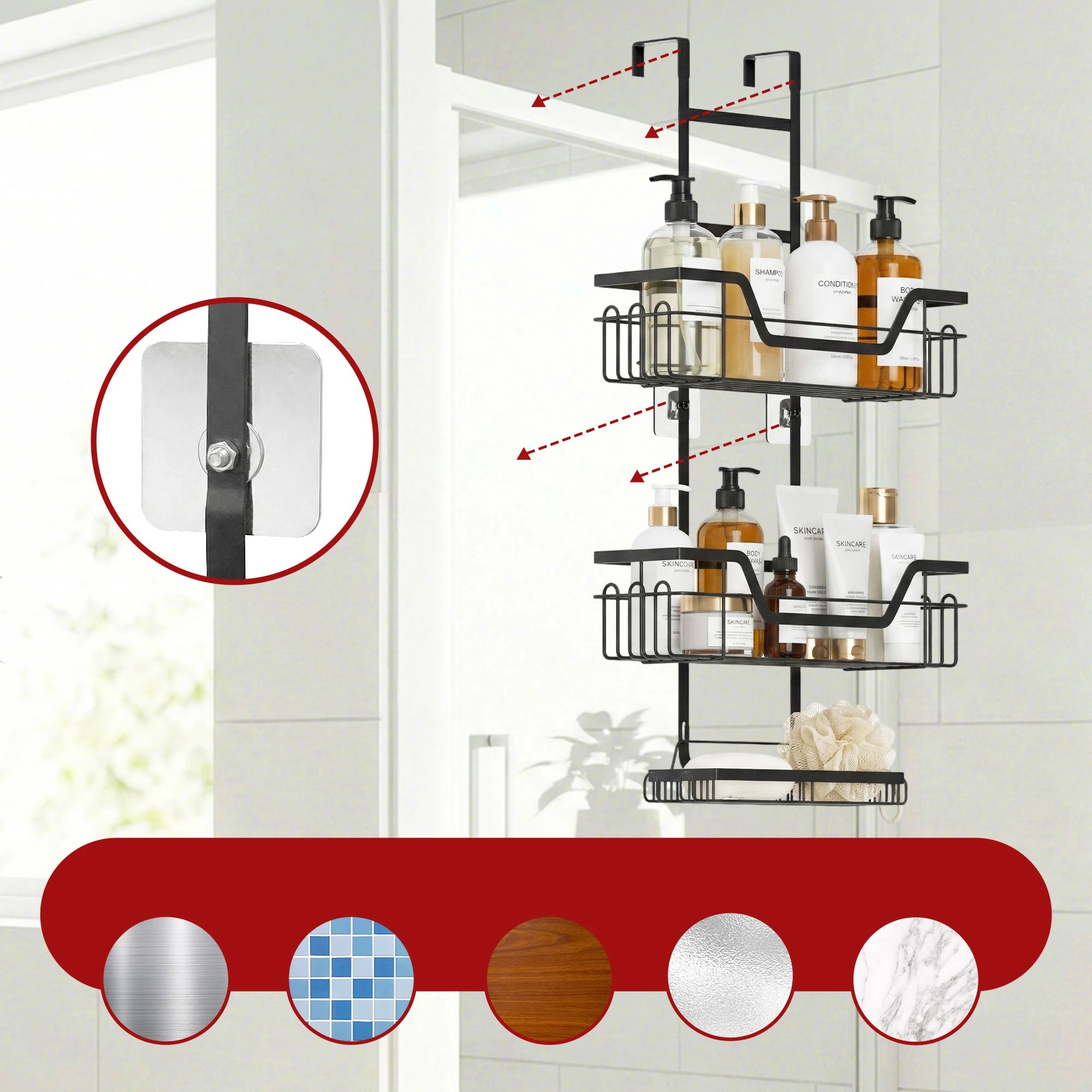 7 Artiss 2X 3 Tier Over The Door Shower Caddy Hanging Bathroom Storage Organizer - Black, 7 of 9
