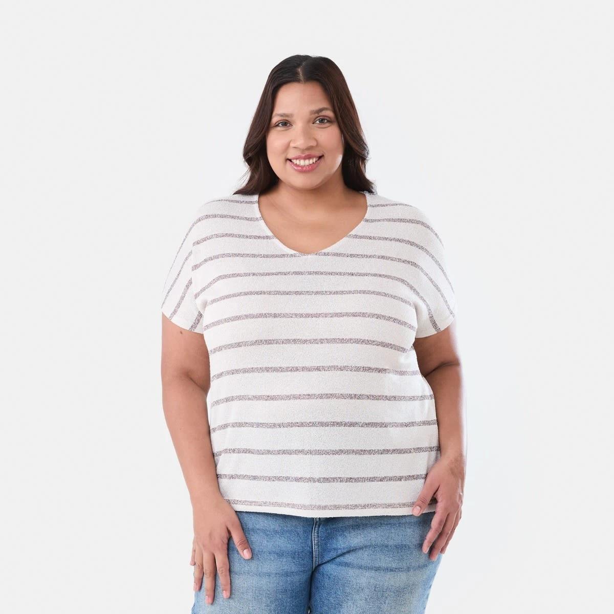 1 Curve Short Sleeve Textured Top STRIPE WARM MULBERRY, 1 of 5