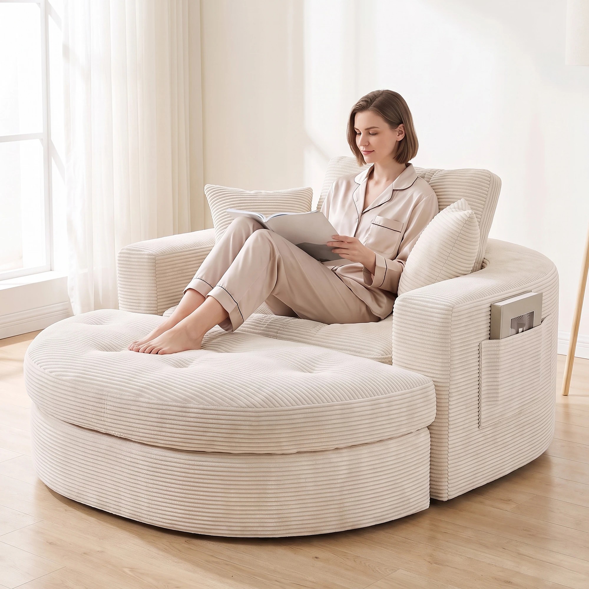 Advwin Oversized Round Chaise Lounge Sofa with Ottoman Modular Corduroy ...