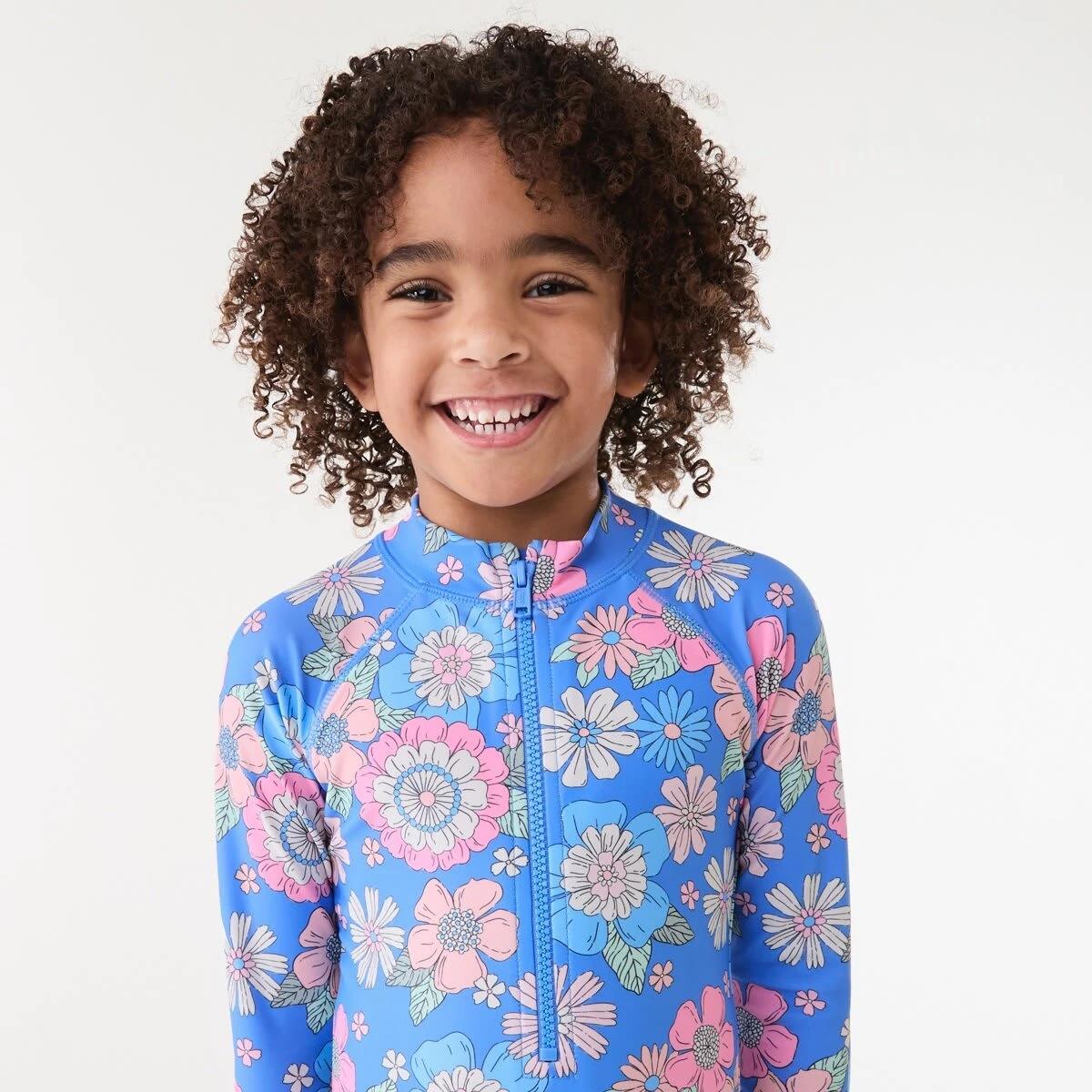 2 Long Sleeve One Piece Swimsuit Blu Flower, 2 of 7