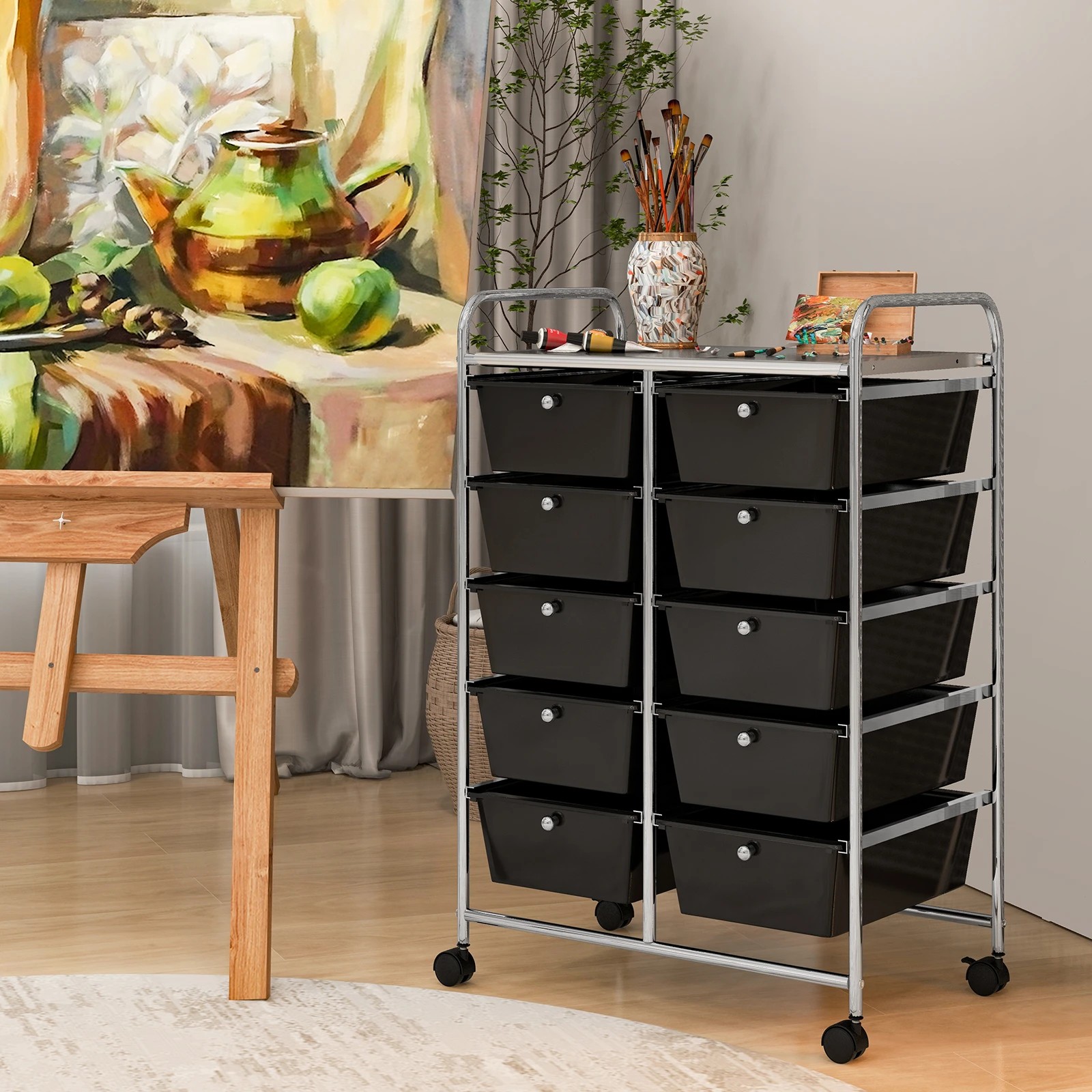 3 Costway 10 Drawers Mobile Storage Cart Utility Trolley - Black, 3 of 4