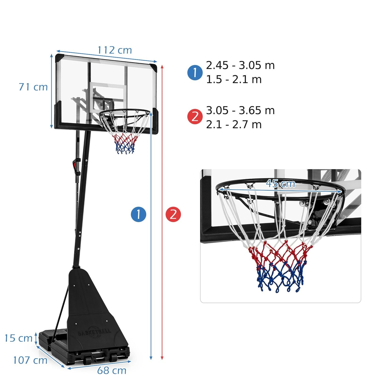 2 Costway Height Adjustable Basketball System Portable Hoop Stand w/112cm Shatterproof Backboard, 2 of 2