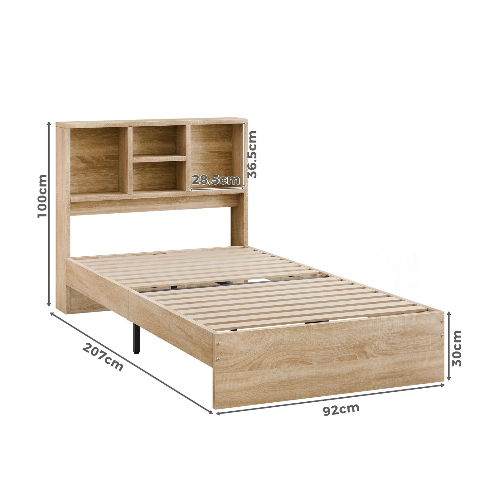 2 Alfordson Wooden Bed Frame Single Size Base with Bookshelf Storage Headboard - Oak, 2 of 10