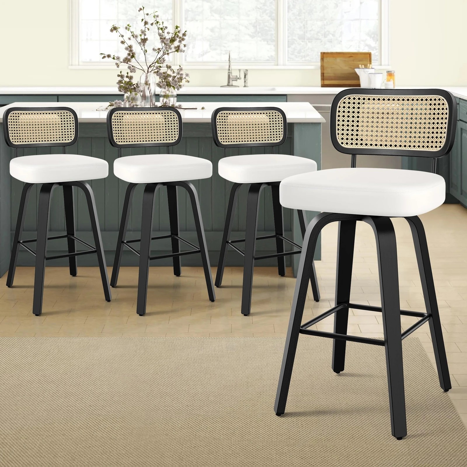 2 Alfordson 4x Bar Stools Kitchen Vintage Leather Seat Rattan Chair - White, 2 of 9