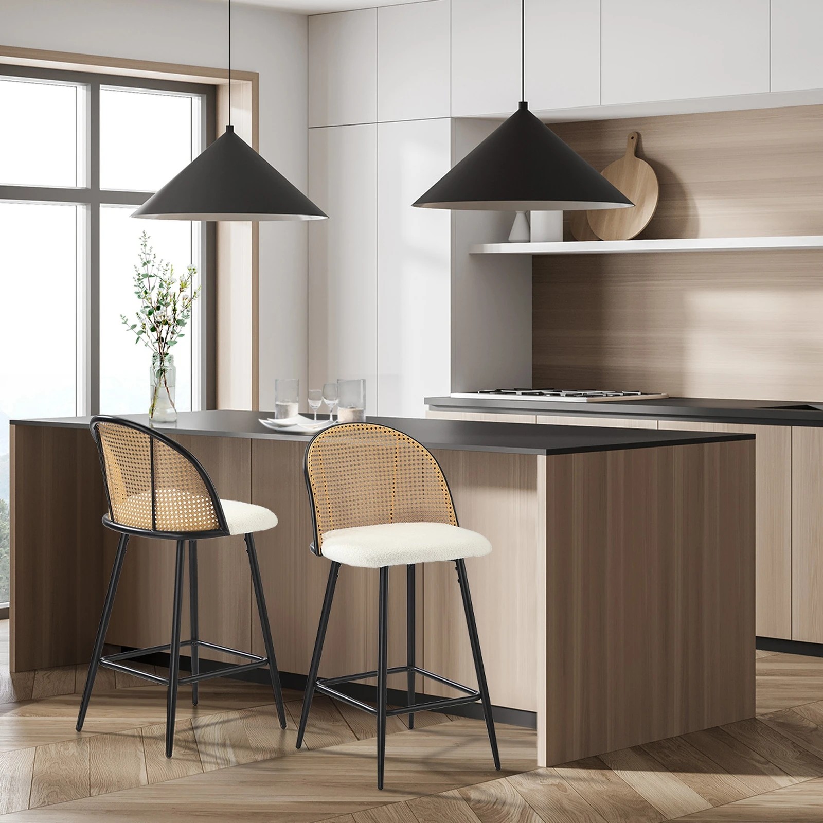 3 Oikiture Bar Stools Kitchen Counter Stool Rattan Dining Chair Boucle Fabric X2
 - White, 3 of 9