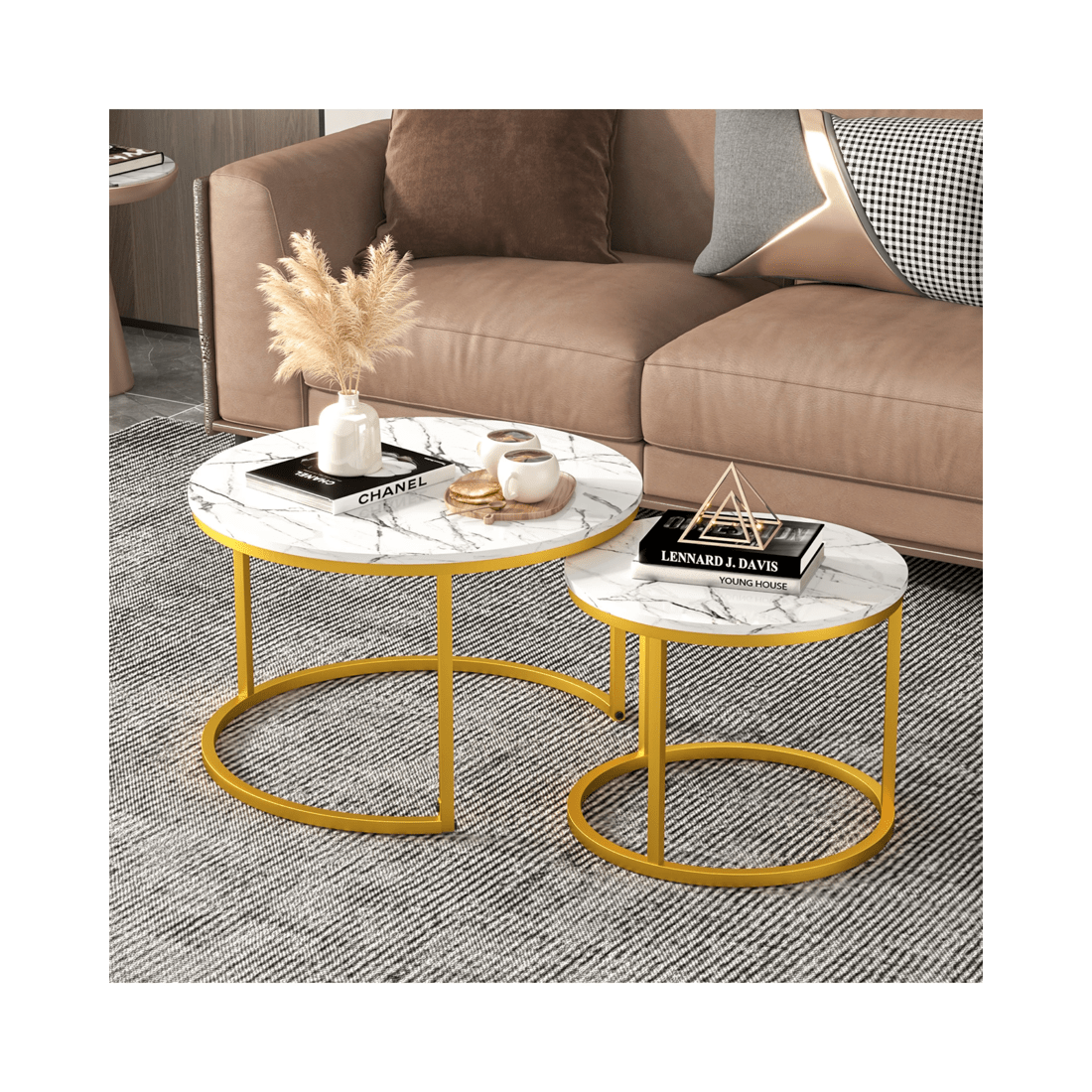 3 Advwin Nesting Coffee Table Marble Finish 65 & 45cm Gold Frame Round White, 3 of 8
