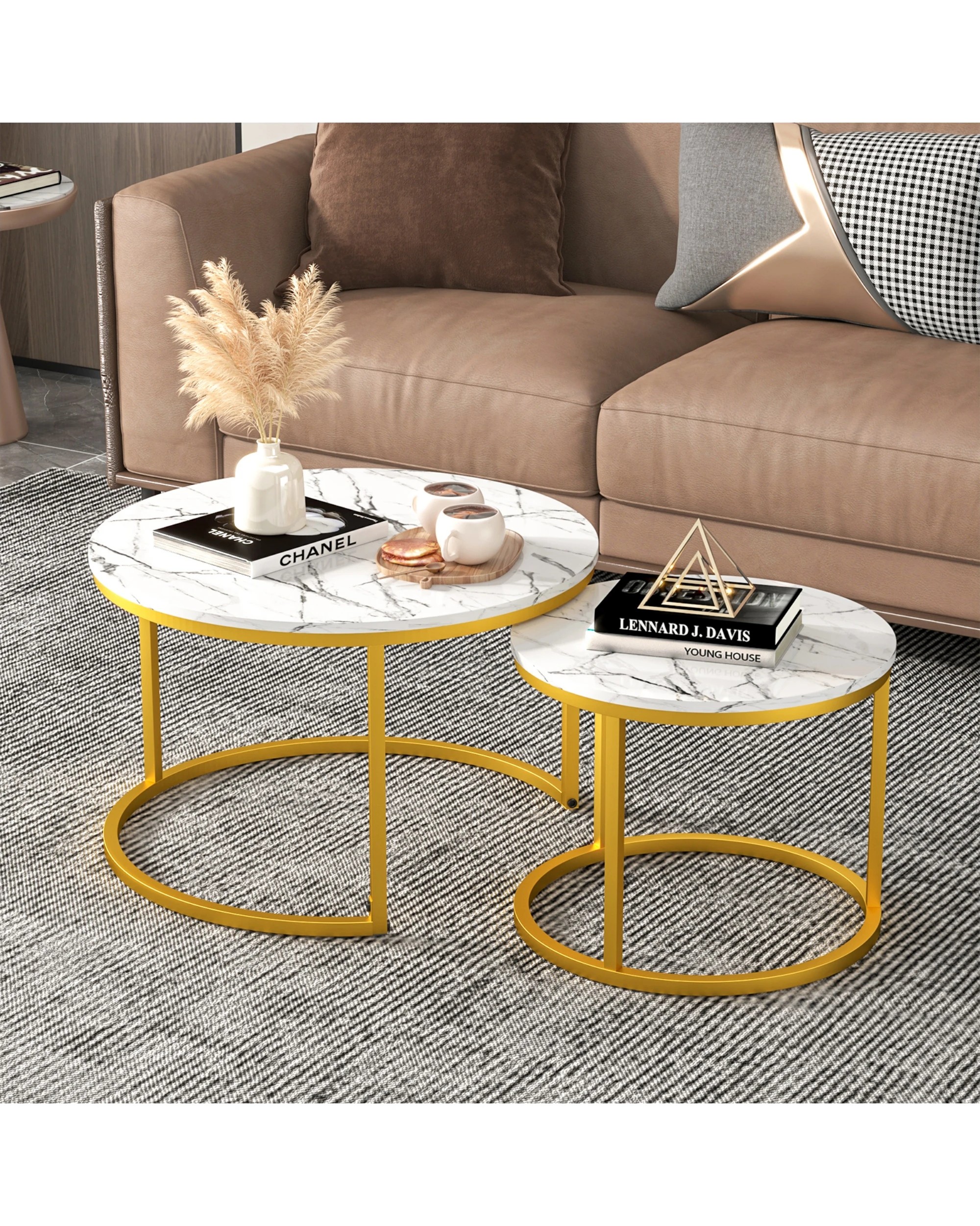 1 Advwin Nesting Coffee Table Marble-look PVC Finish 65 & 45cm Gold Frame Round White, 1 of 7