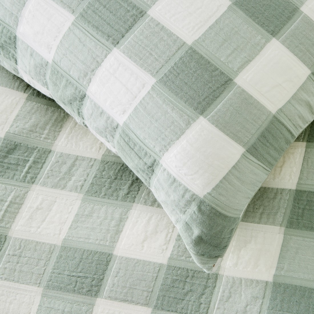 4 Check Seersucker Quilt Cover Set - Super King Bed, Sage, 4 of 7