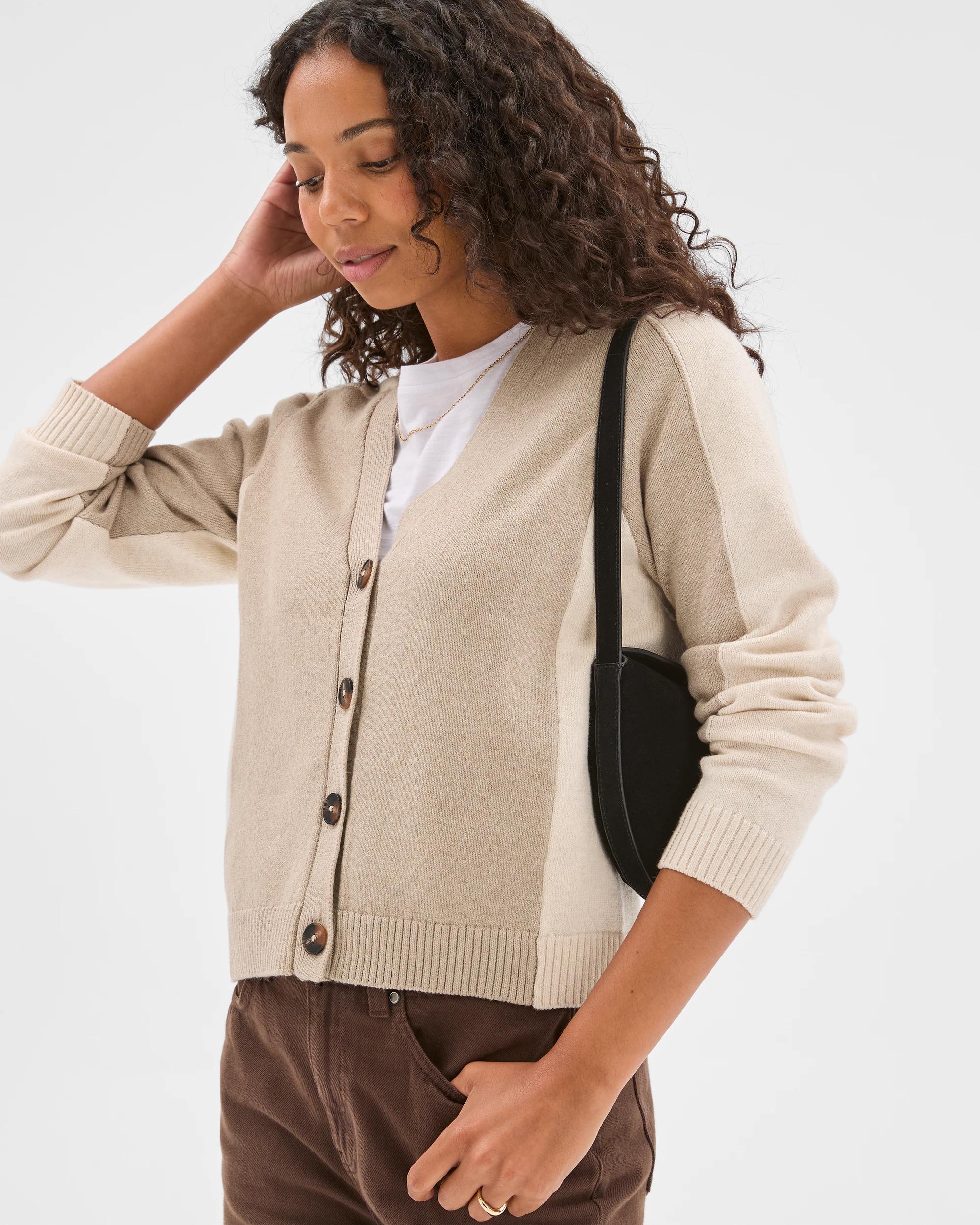 3 Target Woman Australian Cotton Blend V-Neck Colour Block Cardigan LIGHT FAWN, 3 of 8