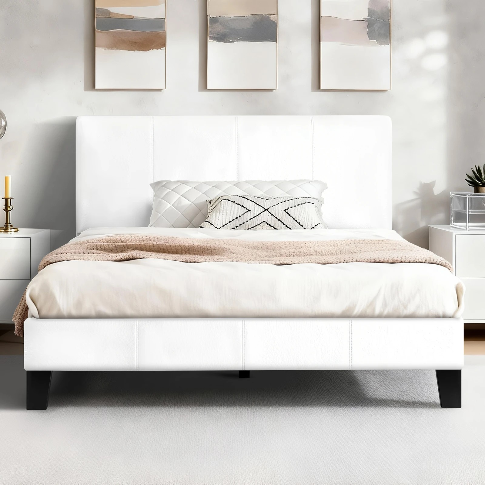 2 Alfordson Bed Frame Single Size Mattress Base Platform Leather Linus - White, 2 of 9