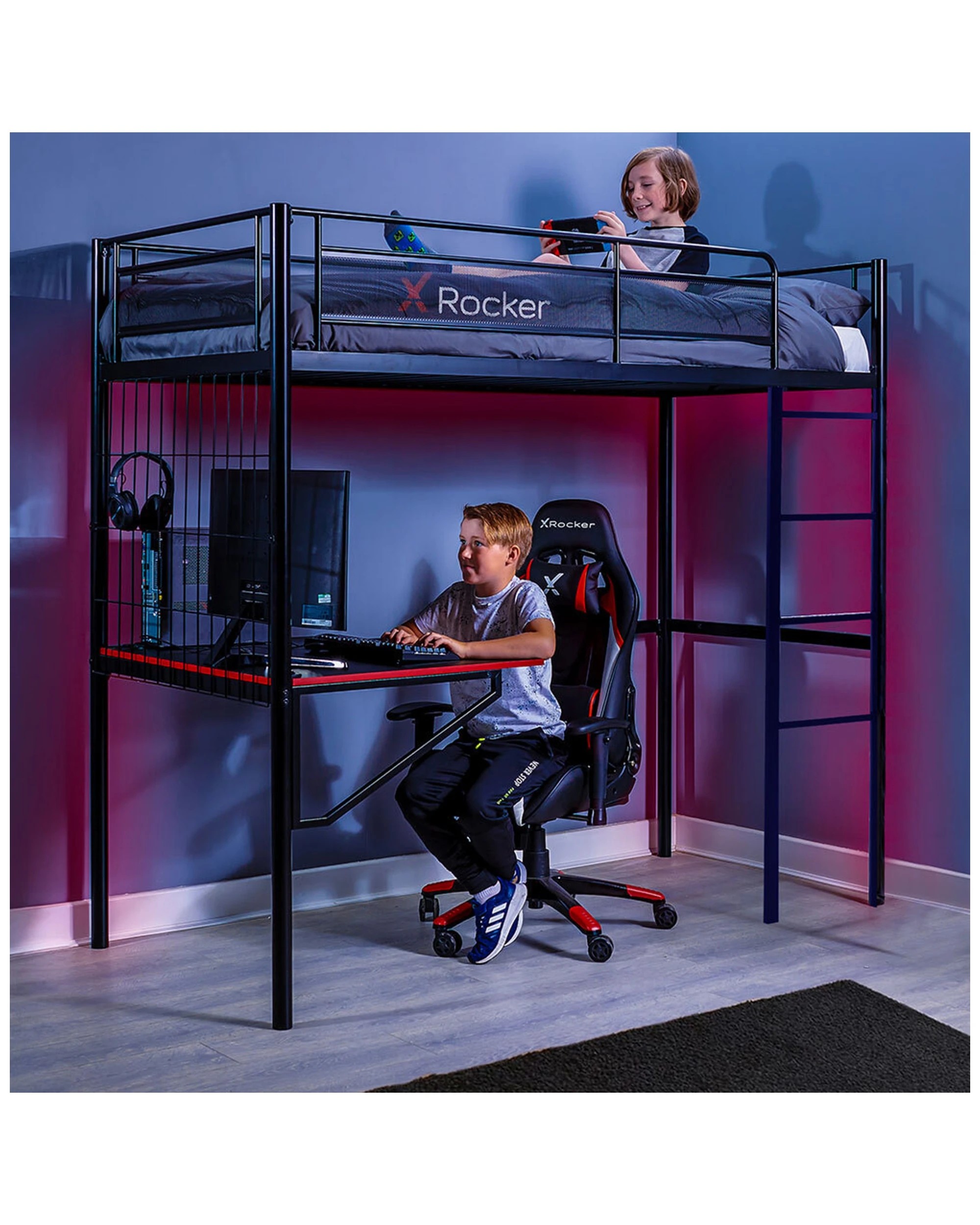 3 X Rocker Icarus Xl High Sleeper Pc Gaming Single Bunk Bed Frame W/ Built In Desk
 - Black, 3 of 6