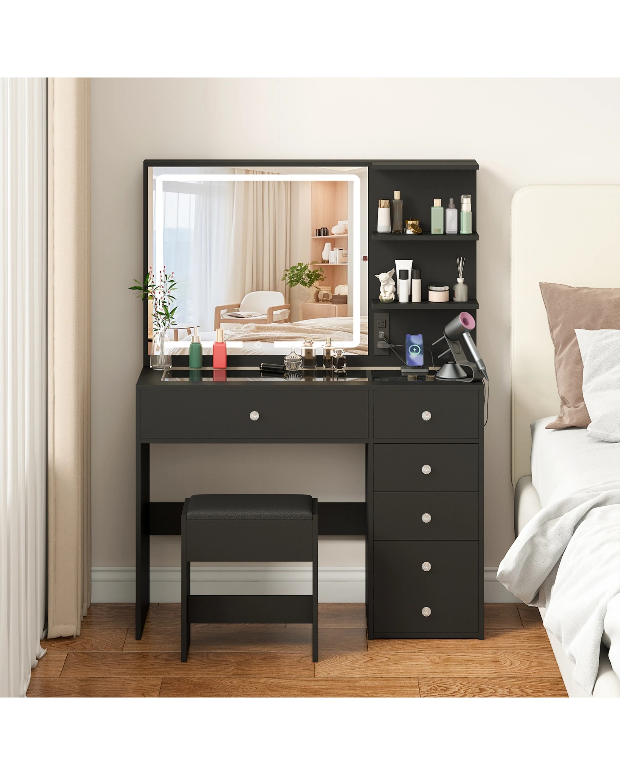 2 Advwin Dressing Table Set LED Light Glass Top - Black, 2 of 6