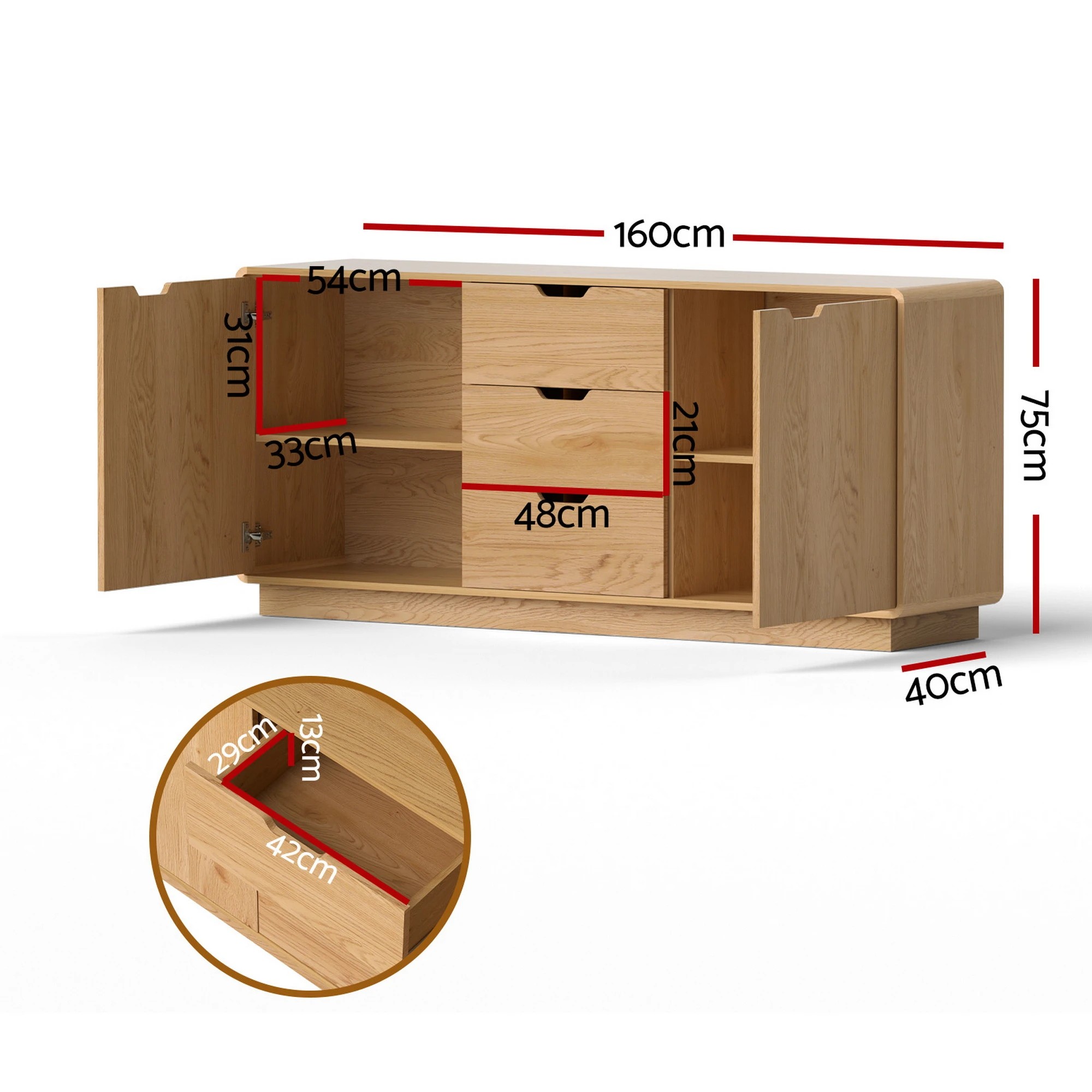 2 Artiss Buffet Sideboard Cabinet Storage Kitchen Cupboard Drawers Round Edge - Natural, 2 of 3