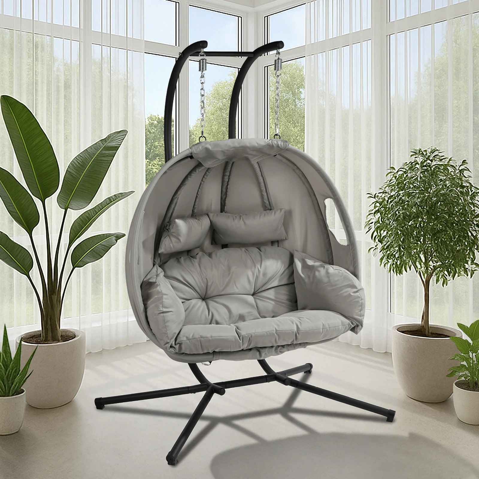 4 Livsip Egg Swing Chair 2 Seater Patio Lounge with Adjustable Canopy - Grey, 4 of 8
