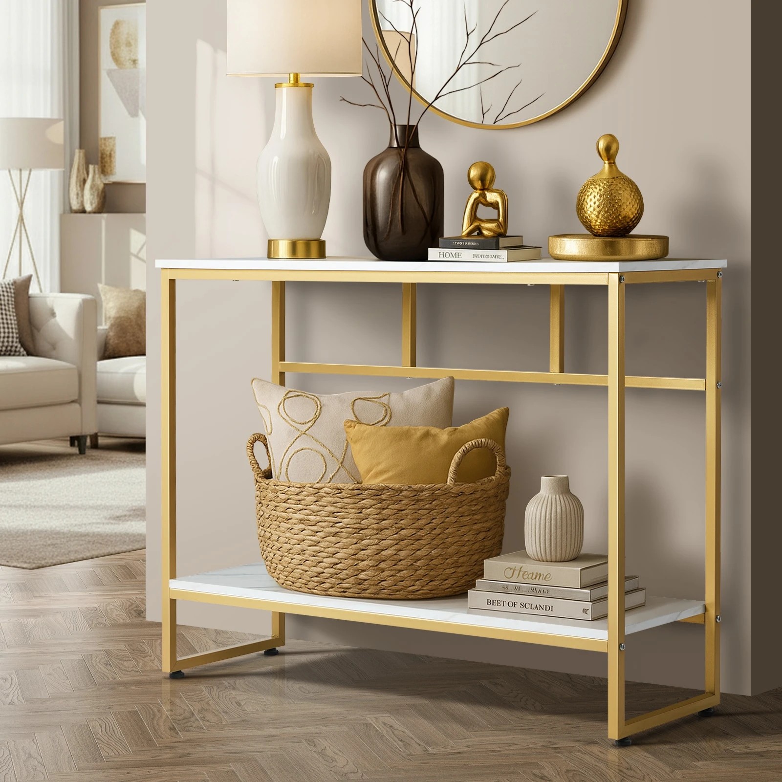 3 Oikiture Console Table Hallway Marble Effect Metal Entry Table Display - Gold, 3 of 9