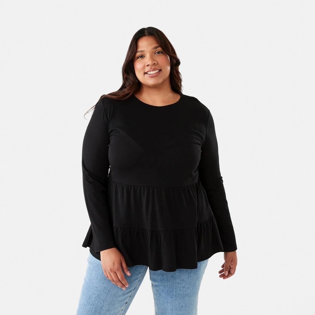 1 Curve Long Sleeve Smock Top Black, 1 of 6